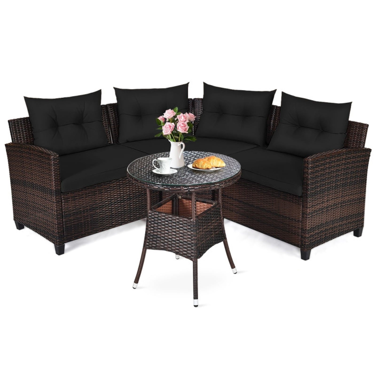 Furnibear 4 Pieces Outdoor Cushioned Rattan Furniture Set Patio Conversation Set with Loveseat Two Armchairs and Table for Backyard, Black