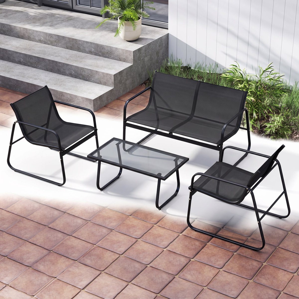 Furnibear 4 Pieces Patio Furniture Set, Outdoor Conversation Set with Loveseat 2 Fabric Chairs and Glass Coffee Table for Garden Poolside, Black