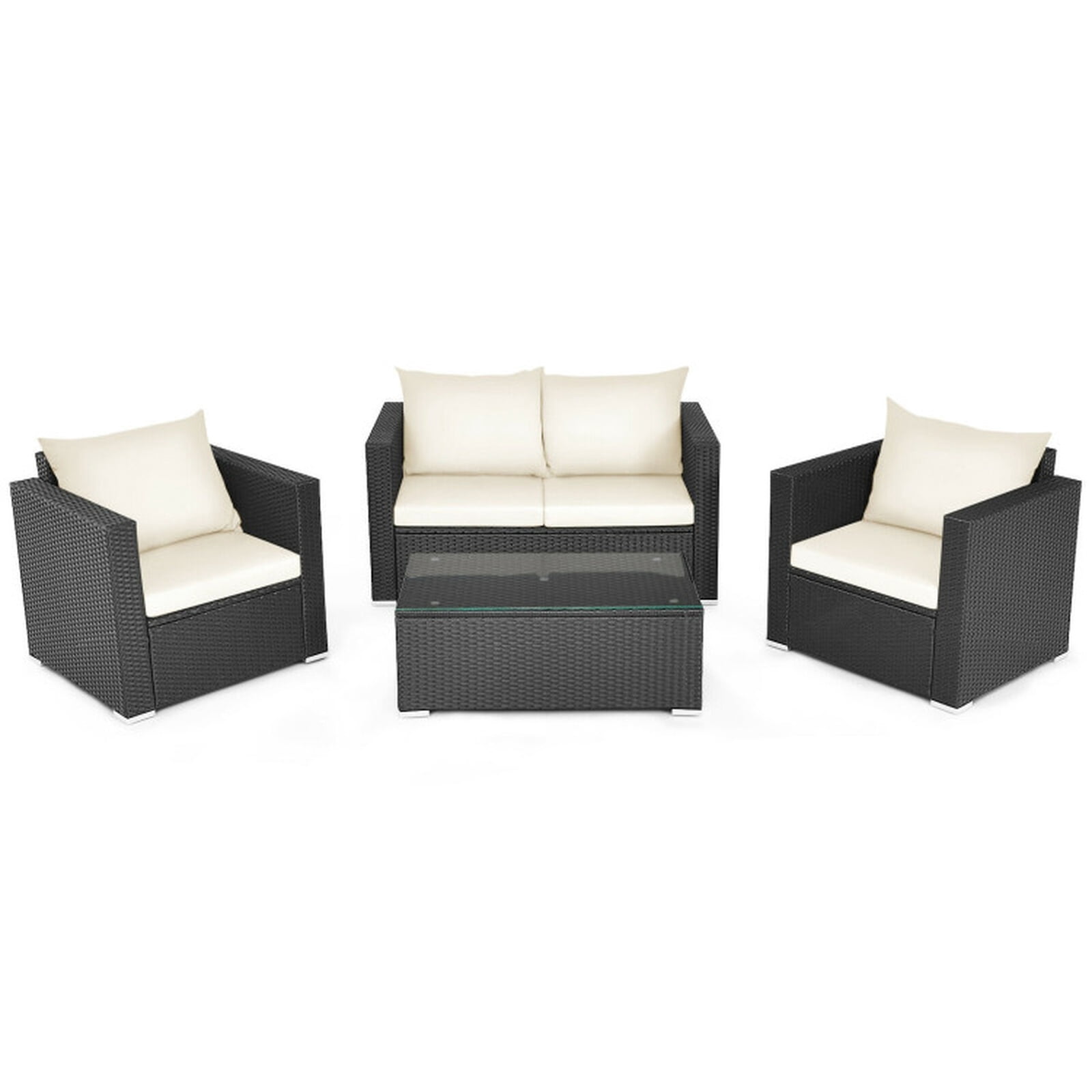 Furnibear 4 Pieces Patio Rattan Conversation Set Outdoor Wicker Furniture Sofa Set with Padded Cushions and Tempered Glass Coffee Table for Garden Backyard, White
