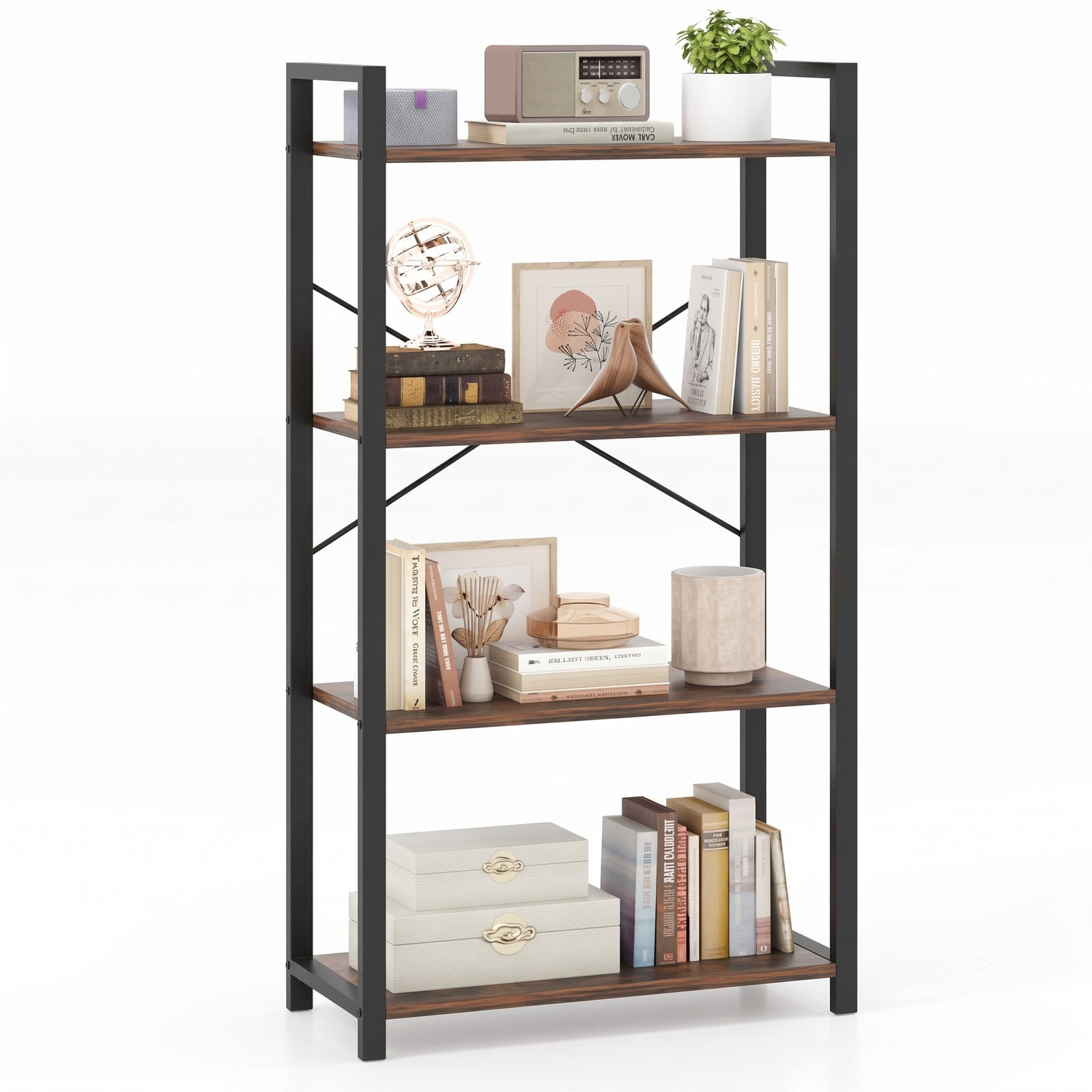 Furnibear 4-Tier Bookshelf with Heavy Duty Metal Frame, Industrial Freestanding Display Storage Shelf with X-Shaped Bracket and Anti-Tip Kits for Living, Rustic Brown