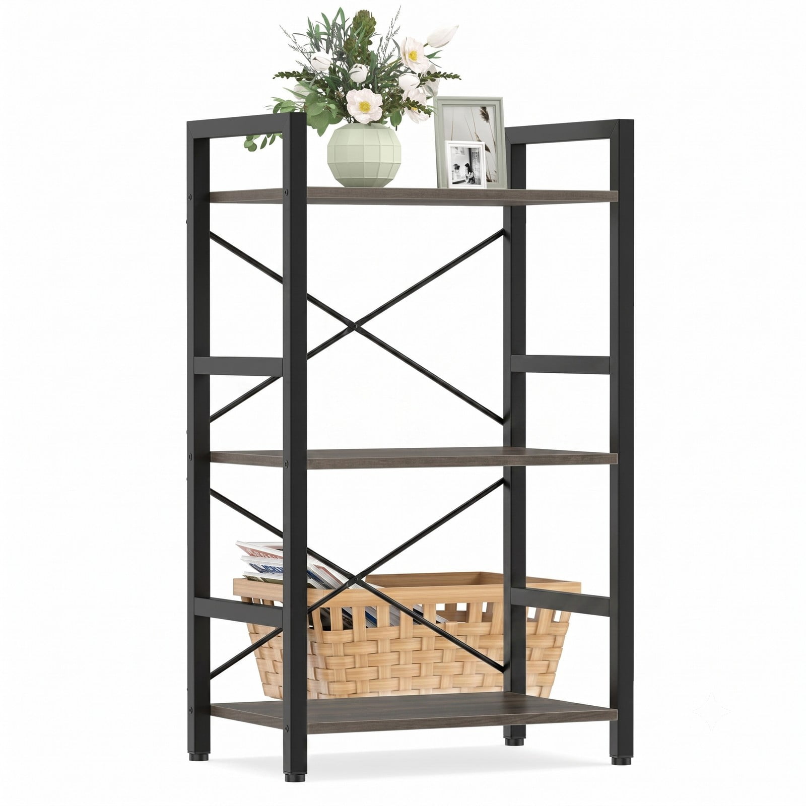 Furnibear 4-Tier Bookshelf with Metal Frame, Freestanding Wooden Storage Rack Display Bookcase Organizer with Anti-Tip Anchors for Home Office Study Living Room, Oak