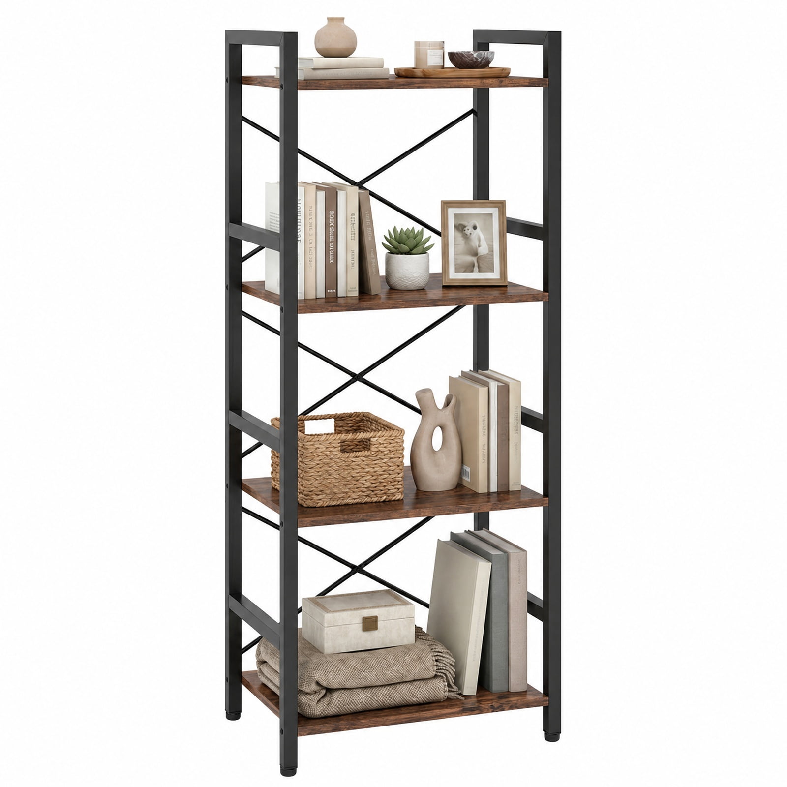 Furnibear 4-Tier Bookshelf Narrow Freestanding Display Shelf with Metal Frame for Living Room Home Office Bedroom Display Storage Shelf, Rustic Brown
