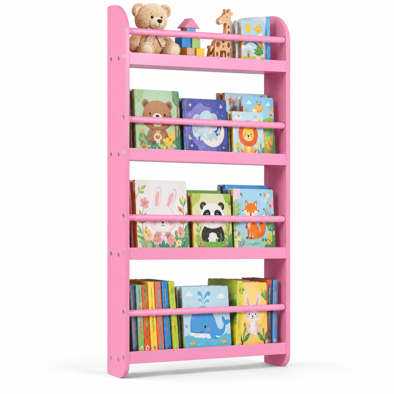 Furnibear 4-Tier Wall Bookshelf for Kids, Front-Facing Nursery Bookcase with Display Shelves for Books and Toys, Space-Saving Bedroom Storage, Pink