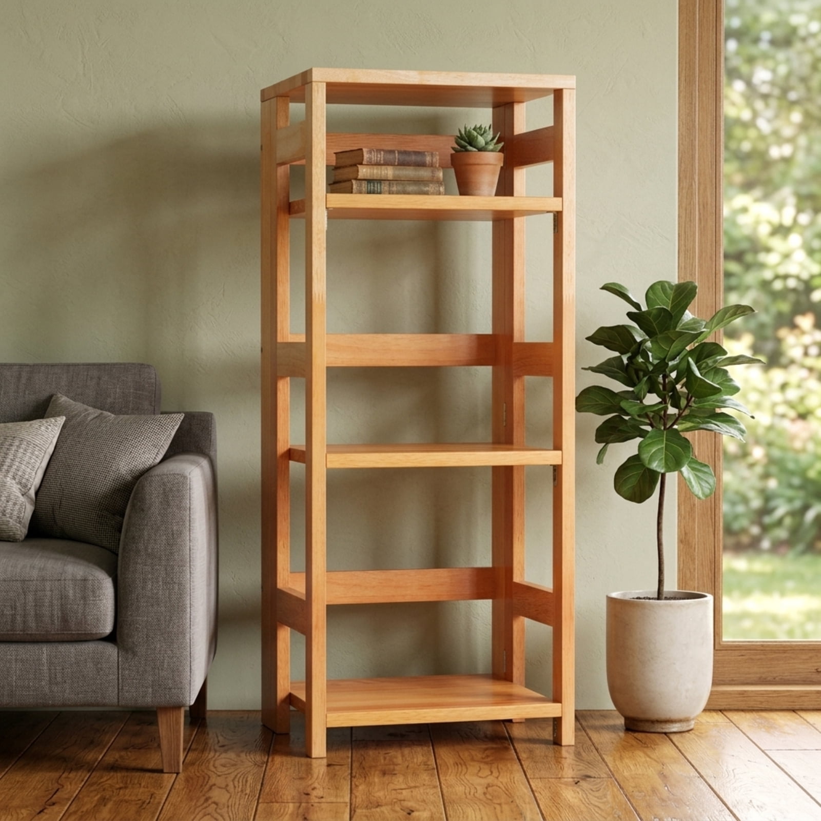 Furnibear 4-Tier Bookshelf Rubber Wood Bookcase with Side Fences for Living Room-14 inches for Living Room Home Office Bedroom Display, Natural