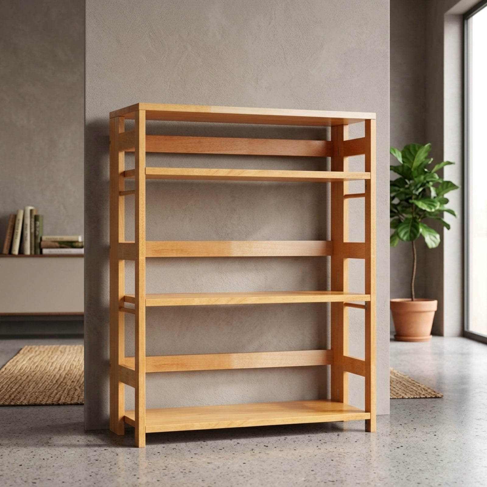 Furnibear 4-Tier Bookshelf Rubber Wood Bookcase with Side Fences for Living Room-29.5 inches for Living Room Home Office Bedroom Display, Natural