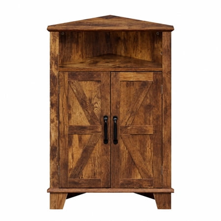 Furnibear 4 Tier Corner Accent Cabinet with Doors Open Shelf and Adjustable Storage for Kitchen Living Room and Entryway, Rustic Brown