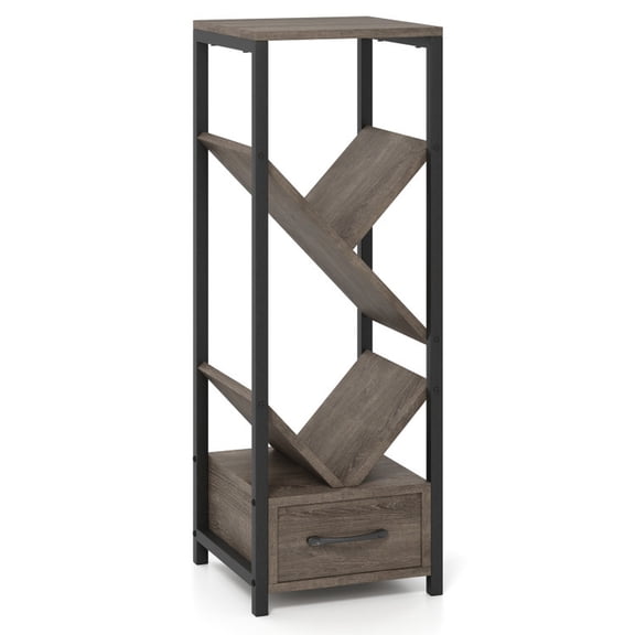 Furnibear 4 Tier Floor Tree Bookshelf with Drawer and Metal Frame Gray, 12" x 12" x 36" - Open Storage Display Rack for Home Office