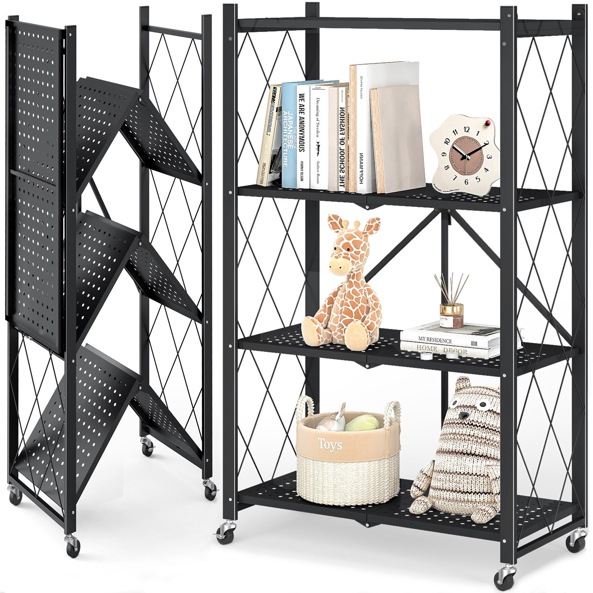 4-Tier Folding Storage Shelves with Wheels, Foldable Metal Rack, Collapsible Shelves for Garage, Kitchen, Basement, Black at Walmart