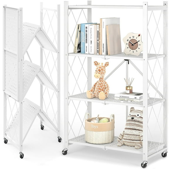 Furnibear 4-Tier Folding Storage Shelves with Wheels, Foldable Metal Rack, Collapsible Shelves for Garage, Kitchen, Basement, White