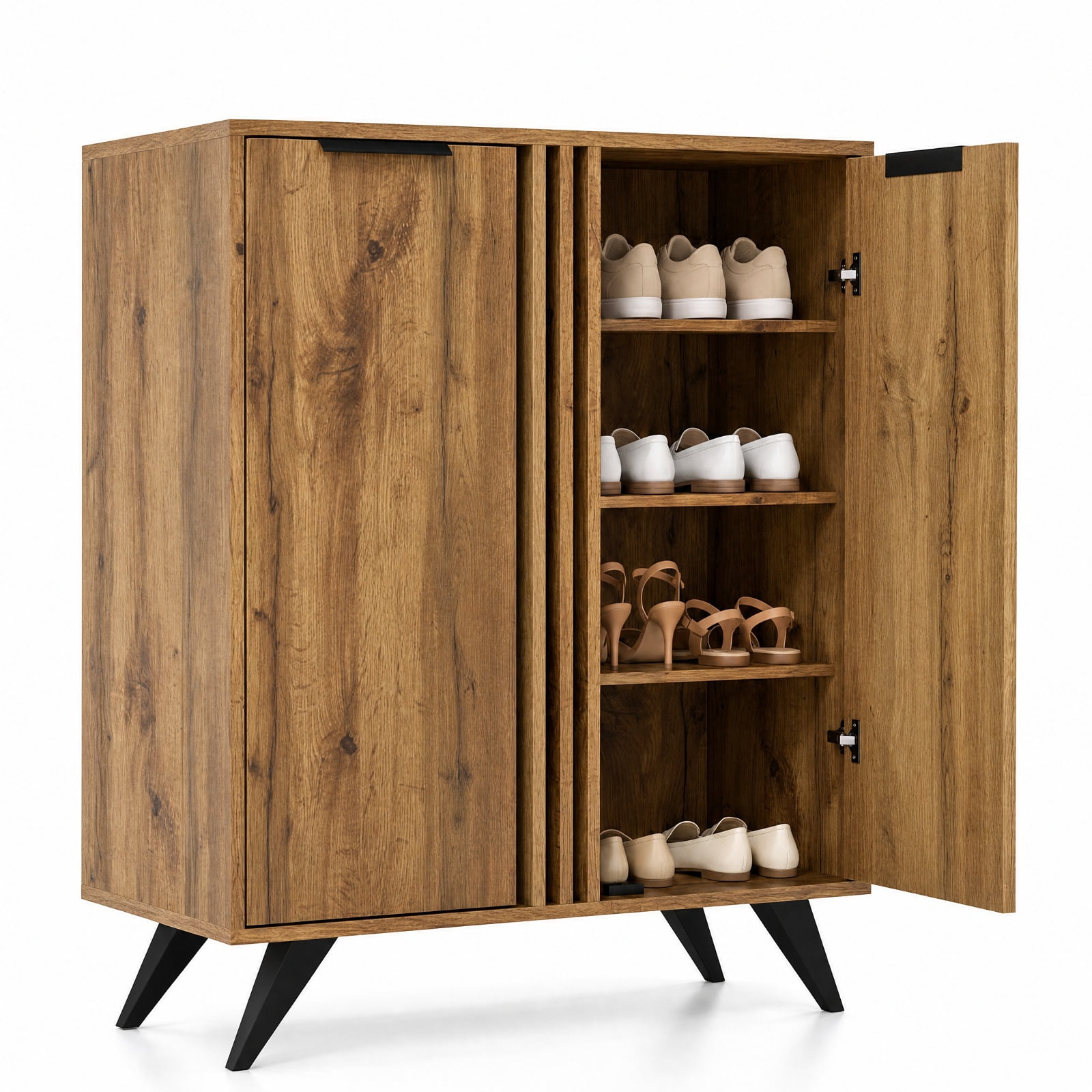 Furnibear 4 Tier Freestanding Hidden Shoe Cabinet with 2 Doors and Ventilated Shelves for Entryway Closet and Living Room, Natural
