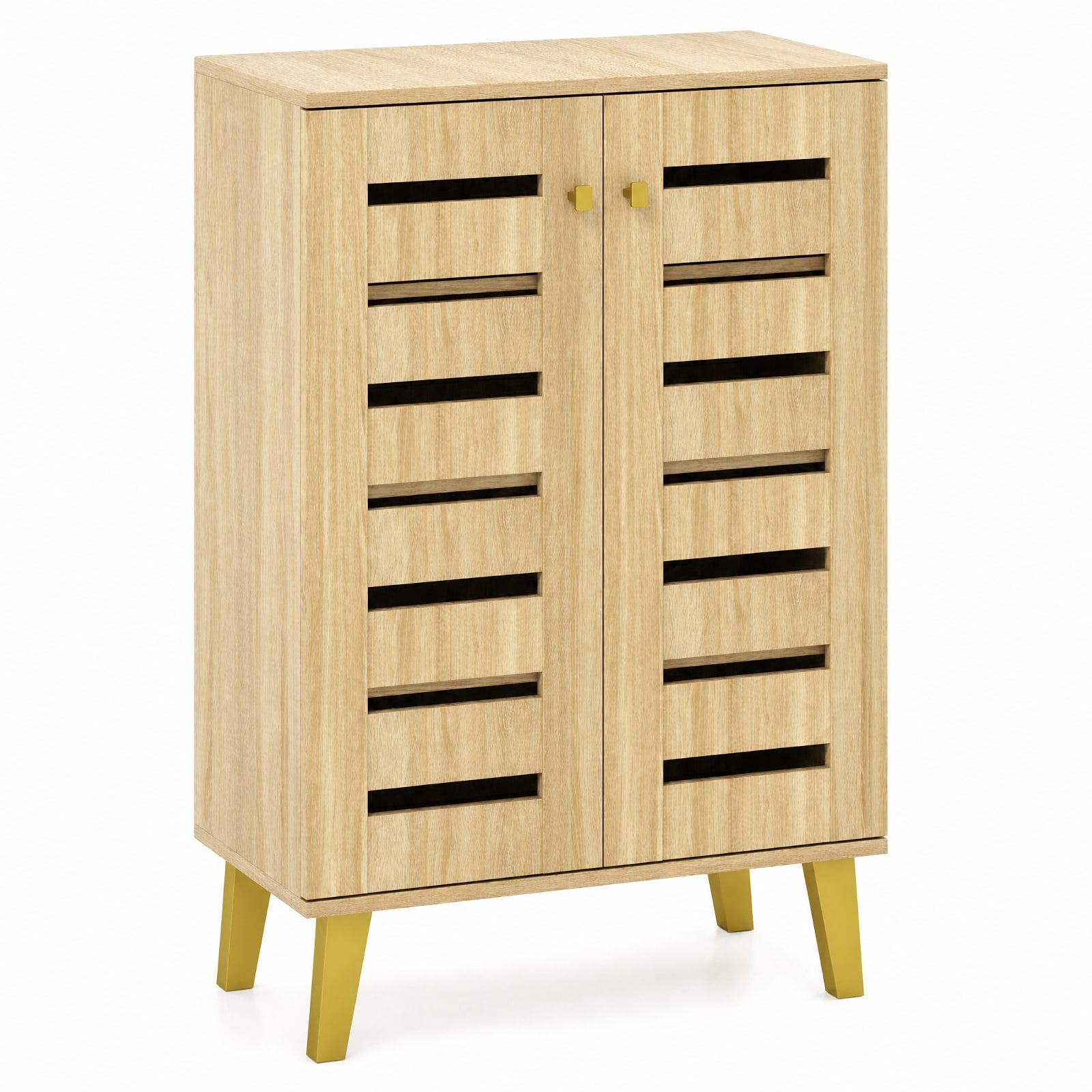 Furnibear 4 Tier Freestanding Wooden Shoe Cabinet with Louvered Doors and Removable Shelves for Entryway Hallway and Bedroom, Oak