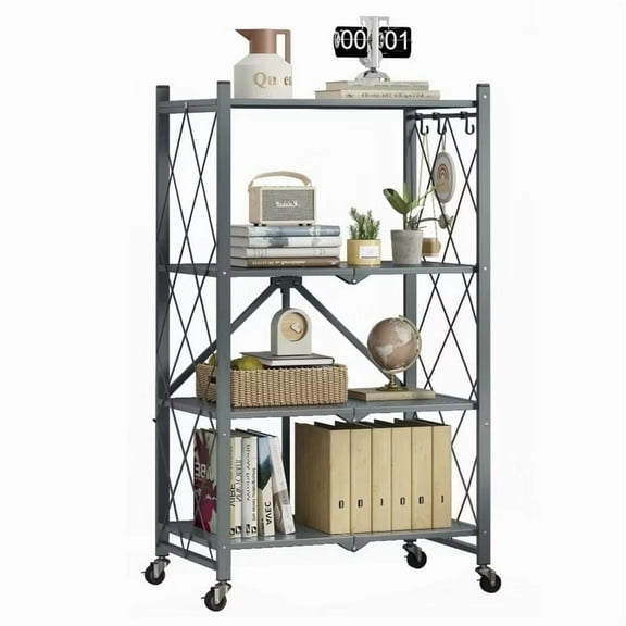 Furnibear Storage Shelves, 4-Shelf Foldable Metal Shelving Units with Wheels for Garage Kitchen Bakers,Collapsible Organizer Rack,Gray