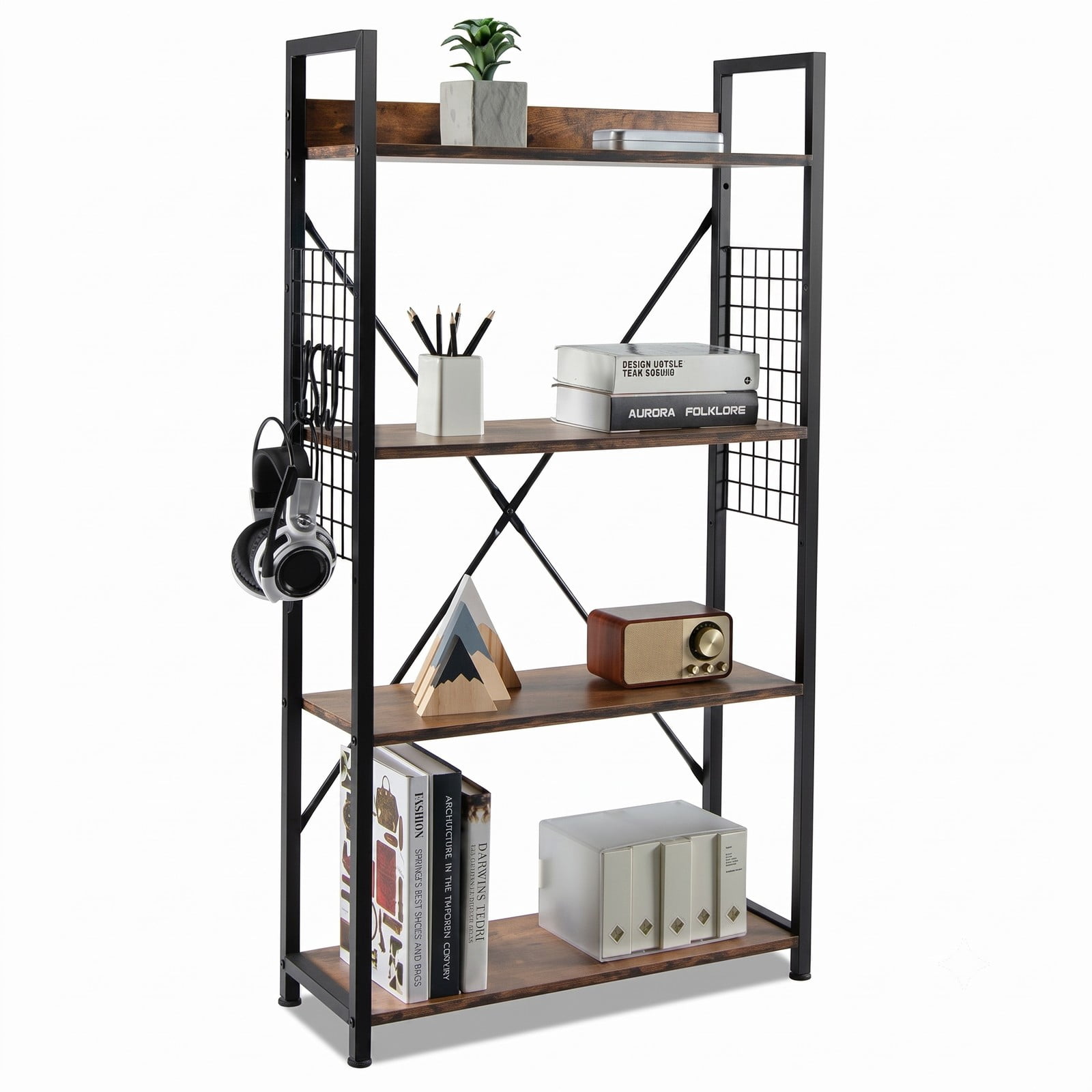 Furnibear 4-Tier Industrial Open Storage Bookshelf, Freestanding Wood Steel Bookcase Display Shelf with S-Hooks & Anti-Toppling Device for Living Room Office, Coffee