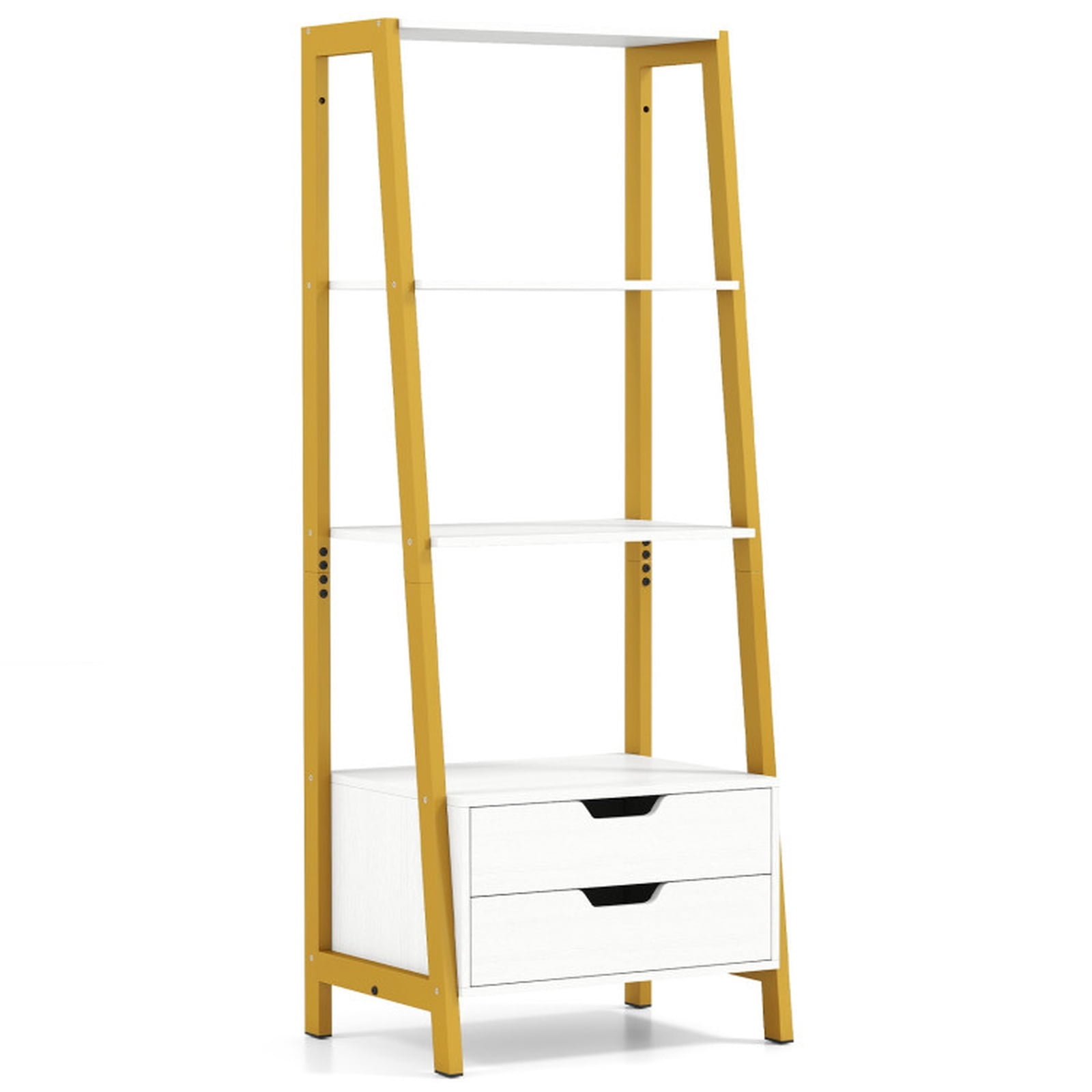 Furnibear 4-Tier Ladder Shelf with 2 Drawers 52.5 Inch Tall Freestanding Bookcase White, 20.5" x 15.5" x 52.5"