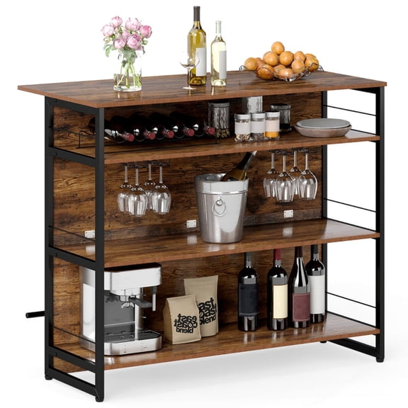 Furnibear 4-Tier Mini Bar Kitchen Island with footrest and wine rack rolling kitchen cart with storage shelves for kitchen dining room, Coffee