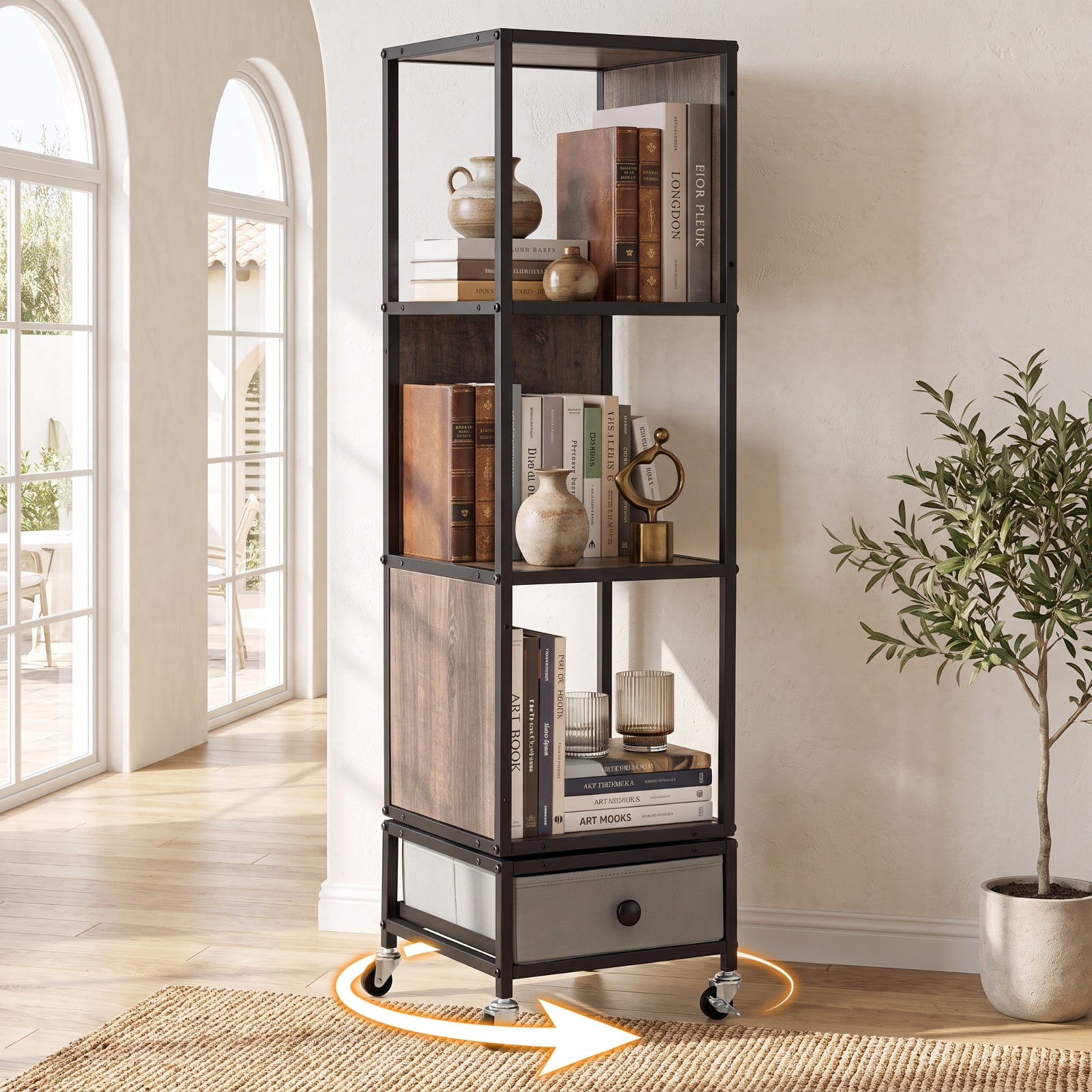 Furnibear 4-Tier Rotating Bookshelf on Wheels with Removable Drawer for Living Room Home Office Bedroom Display Storage Shelf, Gray