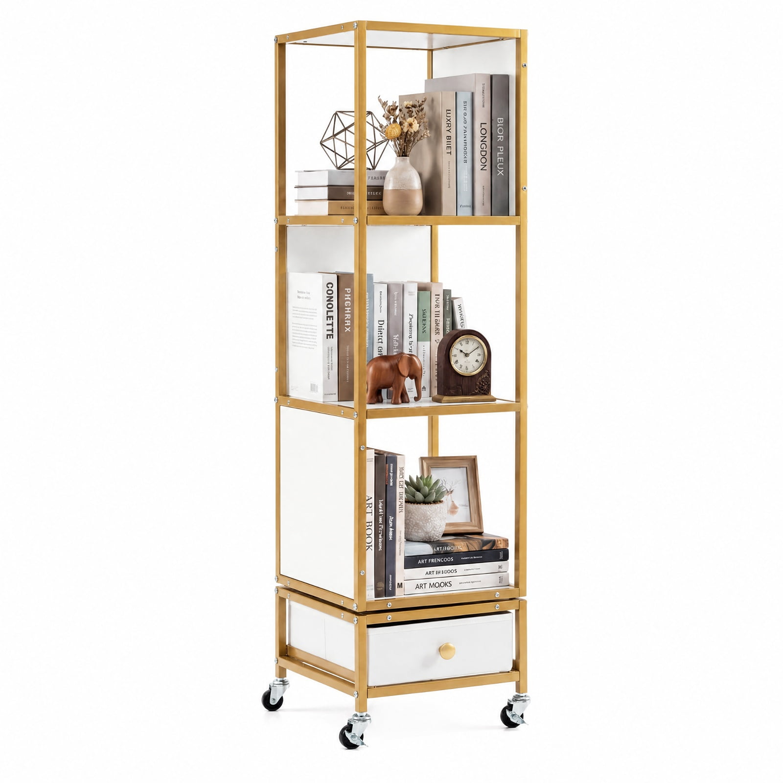 Furnibear 4-Tier Rotating Bookshelf on Wheels with Removable Drawer for Living Room Home Office Bedroom Display Storage Shelf, White