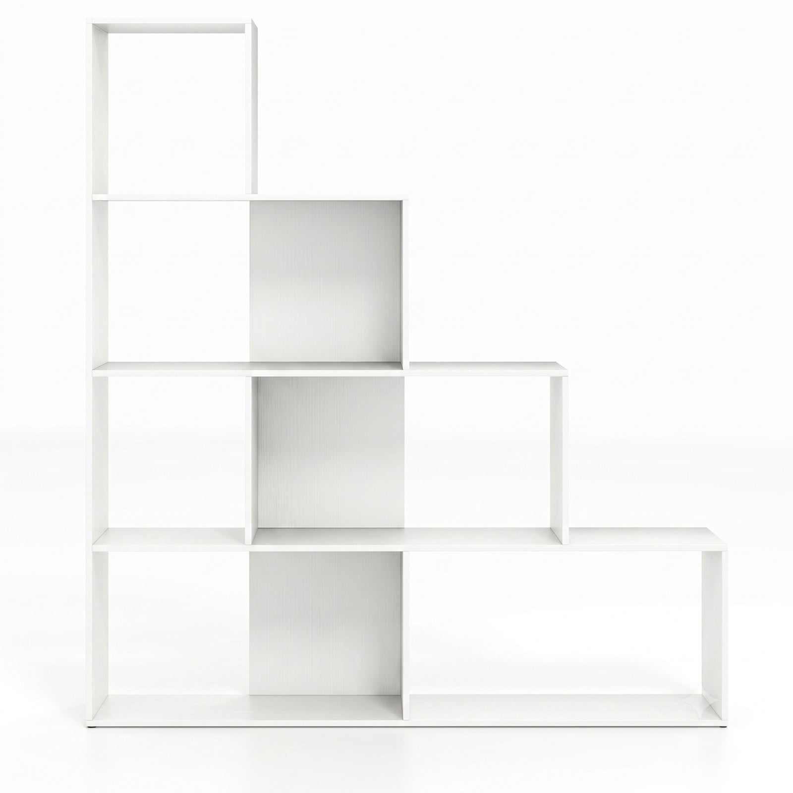 Furnibear 4-Tier Stair Bookshelf, Geometric Ladder Bookcase with 6 Open Cube Display Shelves, Freestanding Corner Storage Rack for Living Room Bedroom Home, White