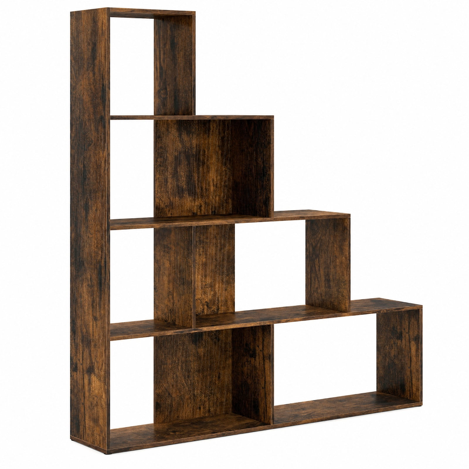 Furnibear 4-Tier Stepped Bookshelf Freestanding Ladder Storage Shelf with 6 Cubes for Living Room Home Office Bedroom Display Storage, Rustic Brown