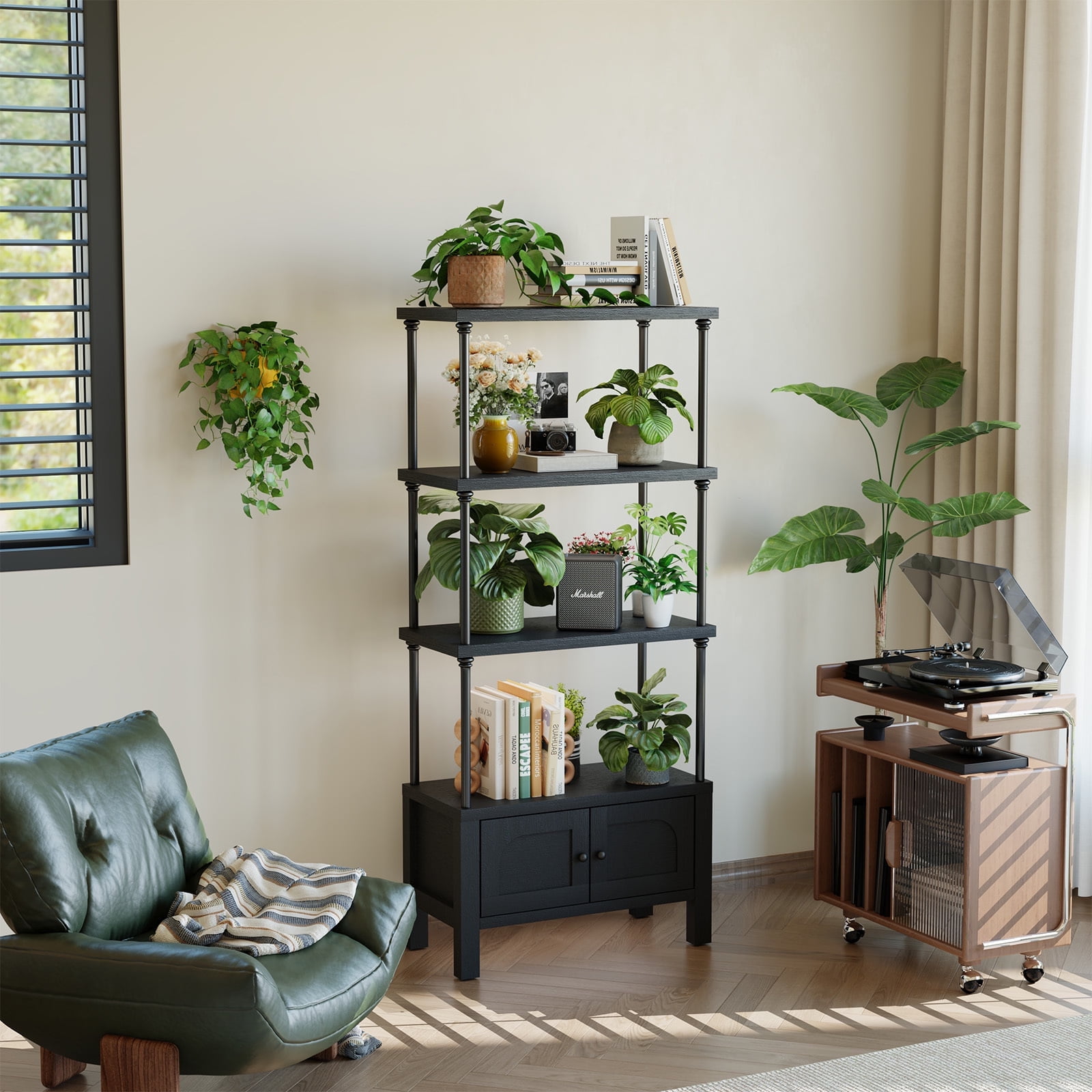 Furnibear Bookshelf with 2 Doors 55 Inches Tall 4 Tier Storage Shelf with Cabinet,Modern Open Bookcase for Living Room or Home Office,Black