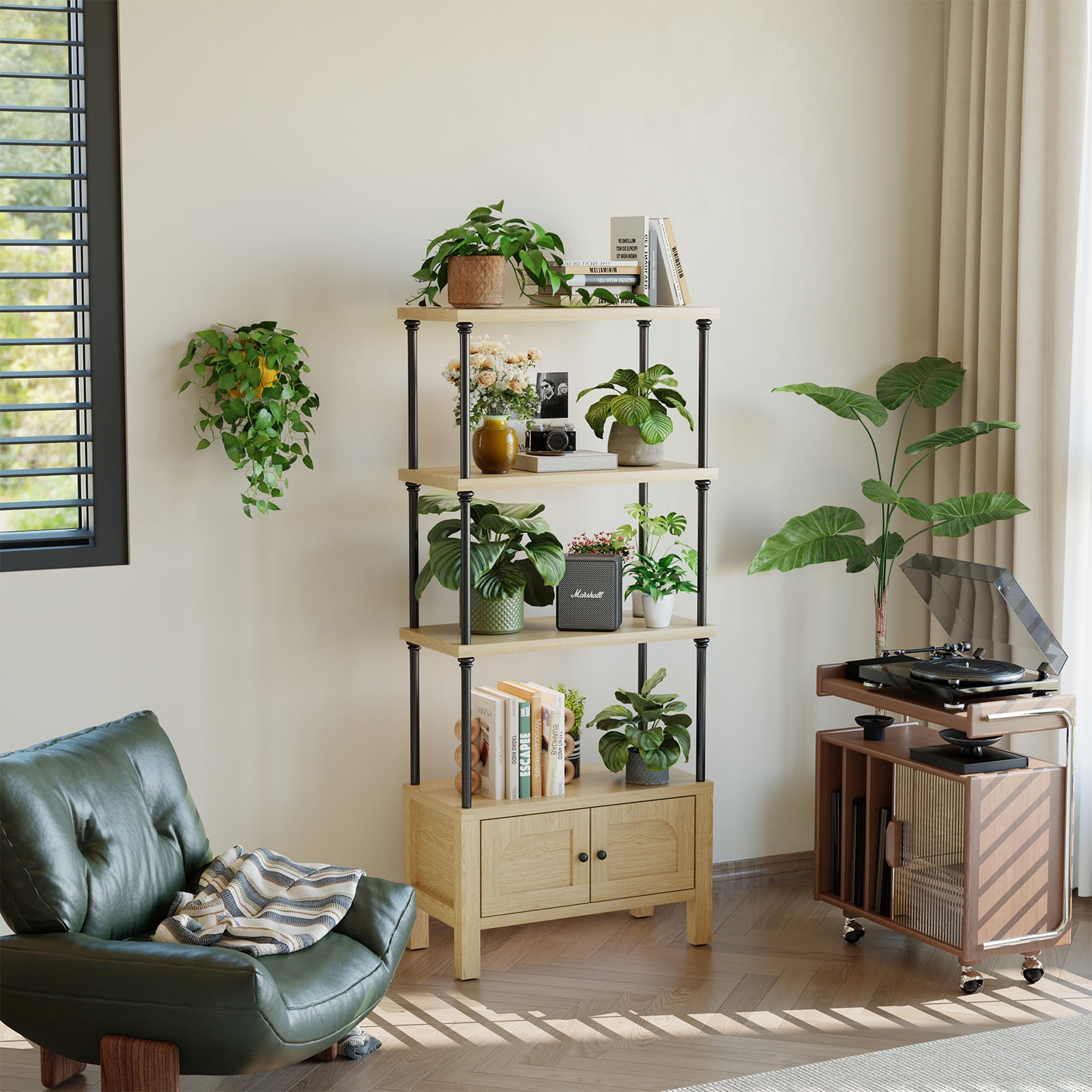 Furnibear Bookshelf with 2 Doors 55 Inches Tall 4 Tier Storage Shelf with Cabinet,Modern Open Bookcase for Living Room or Home Office,Brown