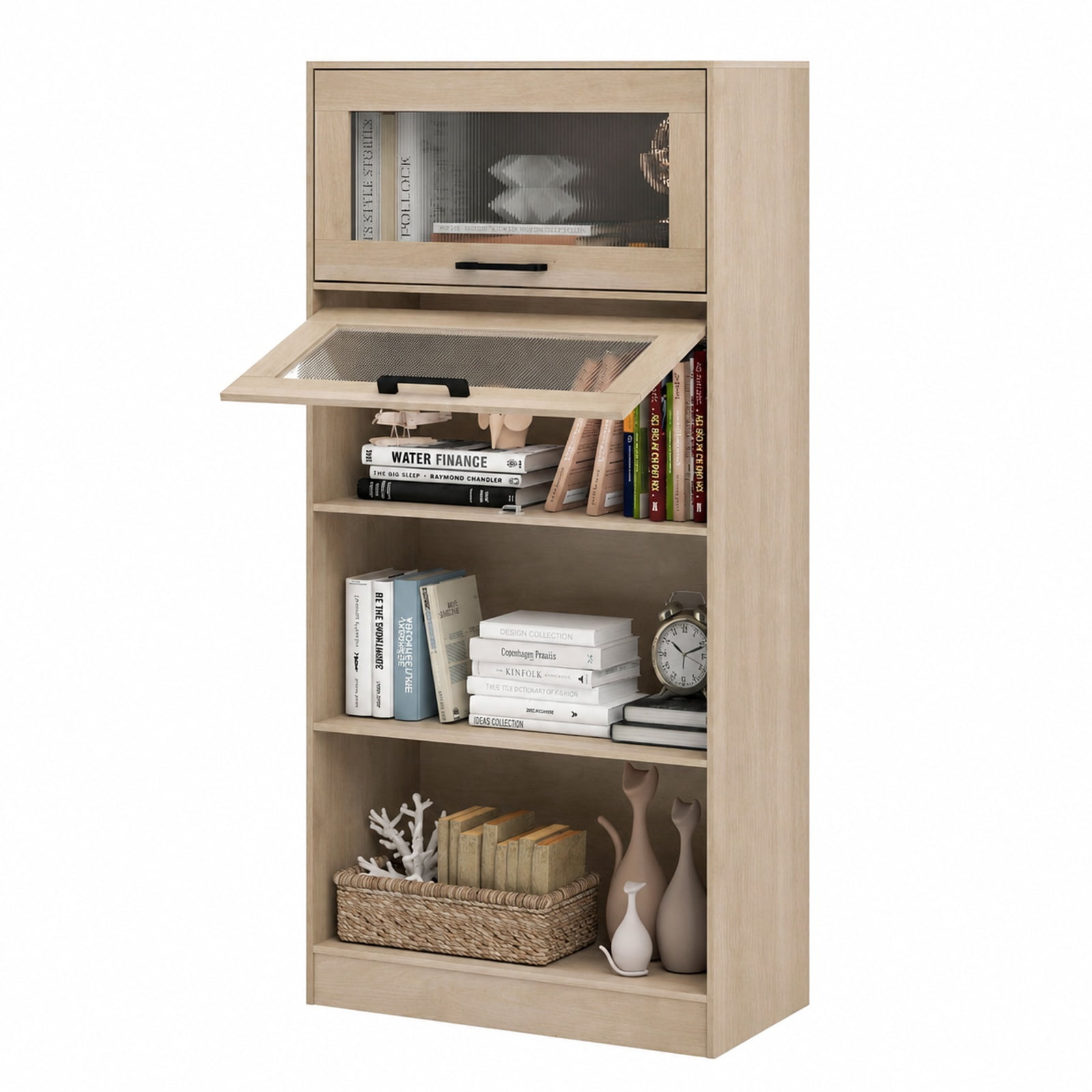 Furnibear 4-Tier Wood Bookcase with Flip-Up Cabinet Doors and Open Compartments Tall Storage for Home Office and Study, Natural