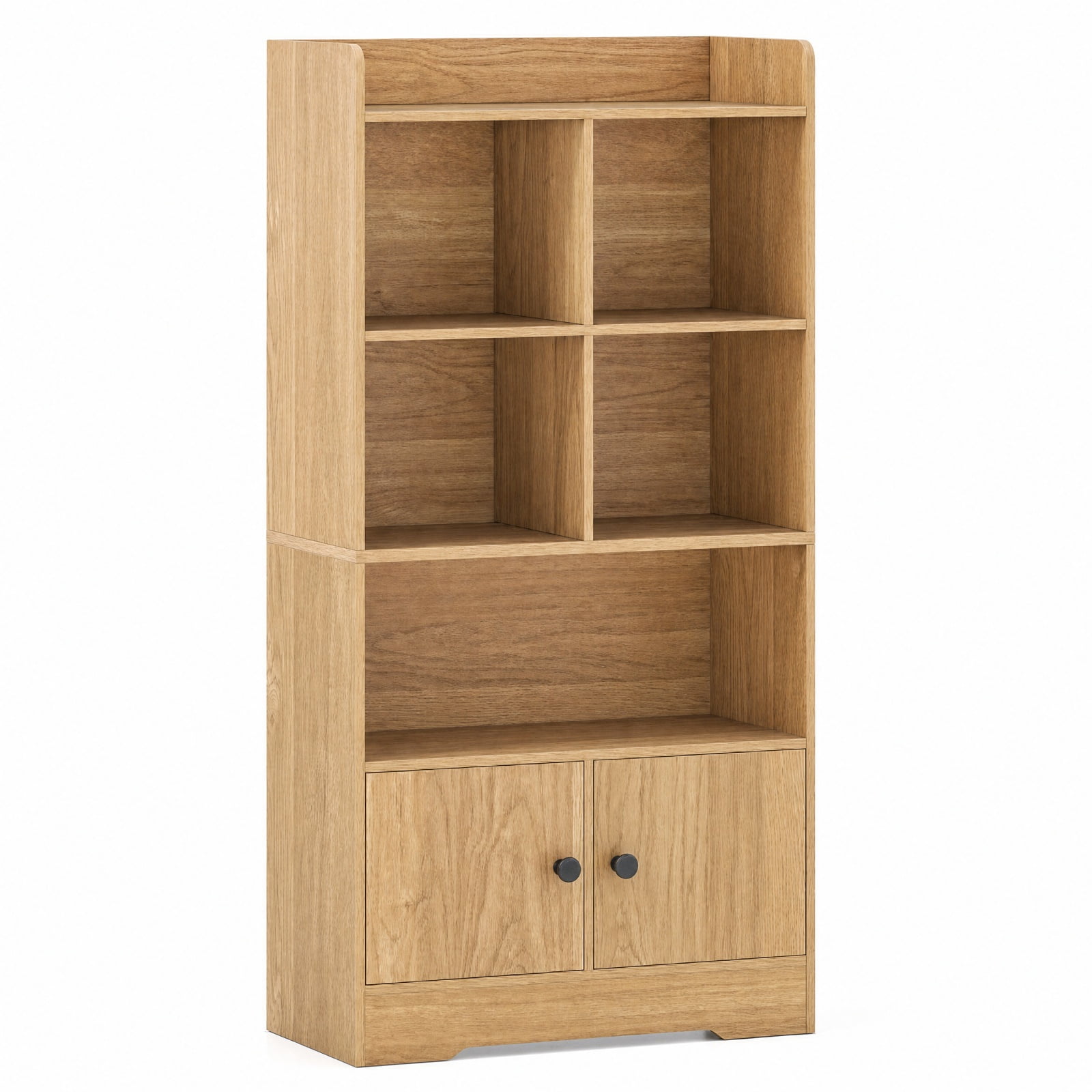Furnibear 4 Tiers Bookshelf with 4 Cubes Display Shelf and 2 Doors for Living Room Home Office Bedroom Display Storage Shelf, Natural