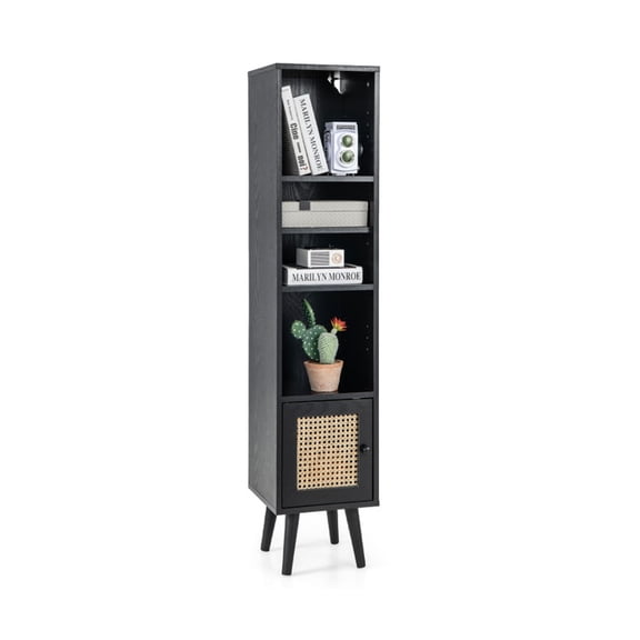 Furnibear 4 Tiers Rattan Storage Cabinet with Slim Design Black, 11.5" x 11.5" x 54" - Open Storage Display Rack for Home Office