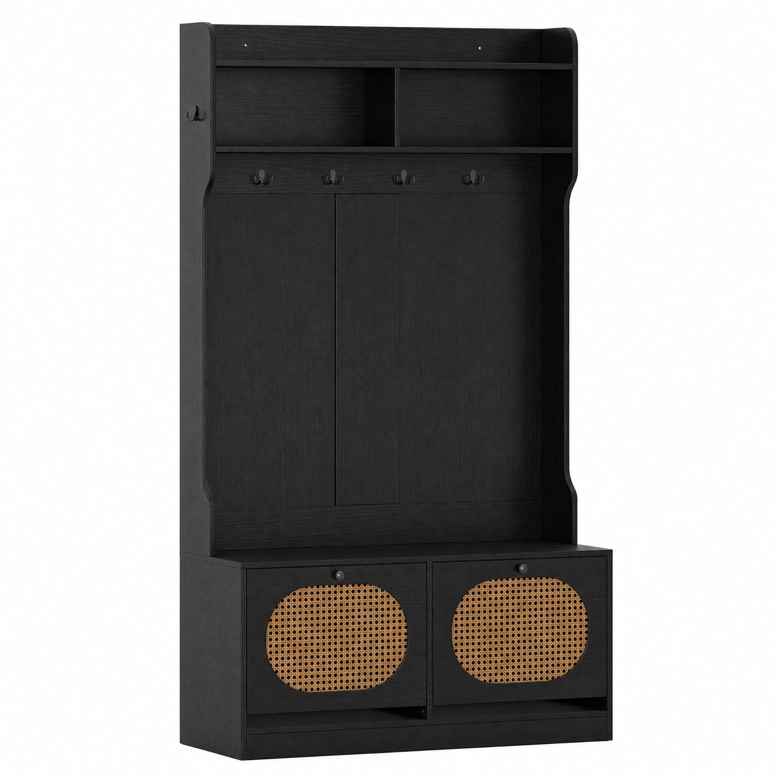 Furnibear 4 in 1 Entryway Hall Tree with Coat Rack and Flip Drawers and Storage Bench for Mudroom and Foyer and Hallway, Black