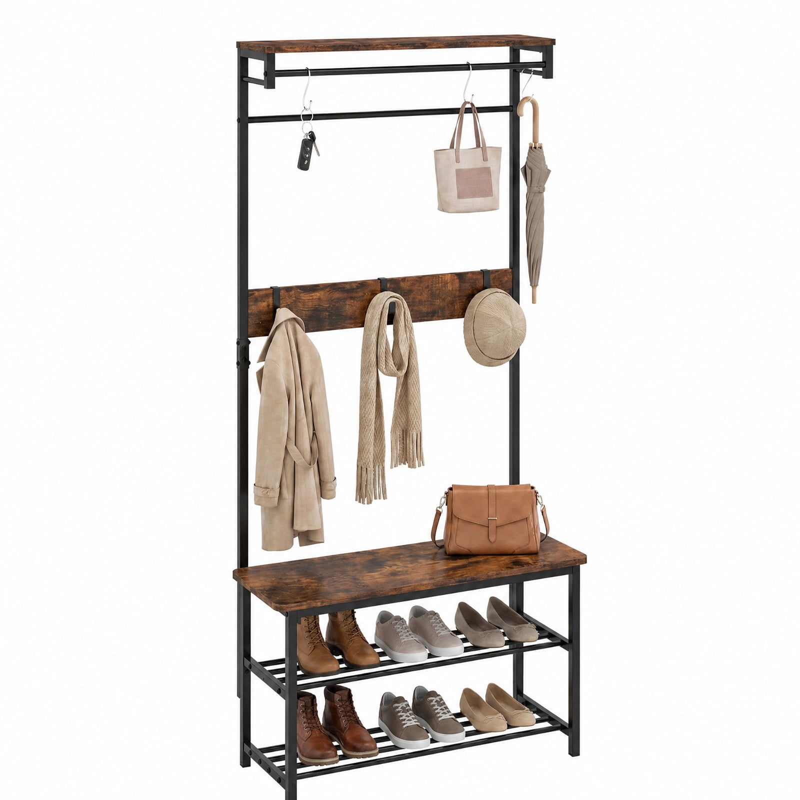 Furnibear 4 in 1 Hall Tree Coat Rack with Shoe Bench and Removable Hooks and Hanging Rod for Entryway and Bedroom, Rustic Brown