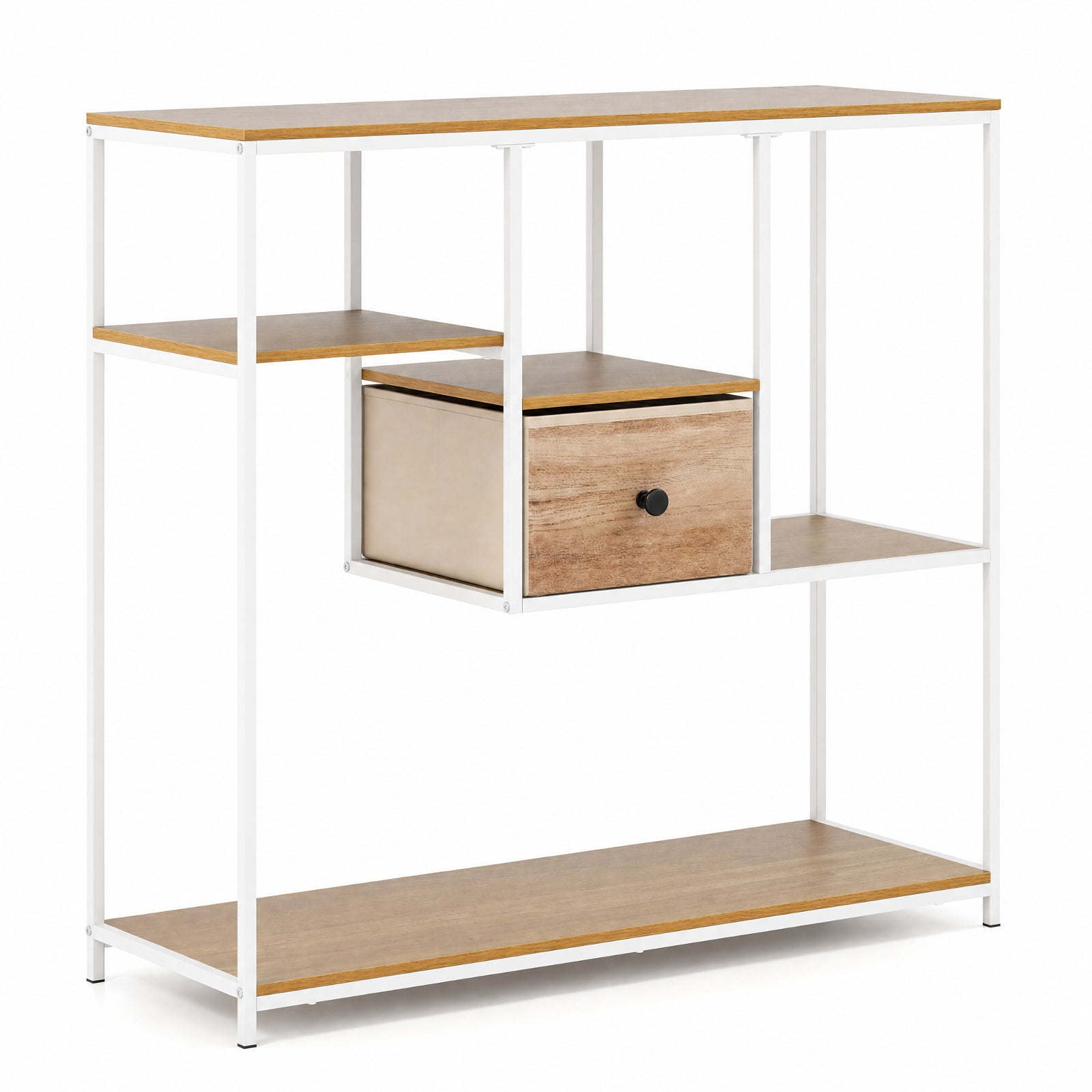 Furnibear 40 Inch Console Table Behind Sofa Couch with Fabric Drawer and Staggered Storage Shelves for Living Room Entryway and Hallway, Natural