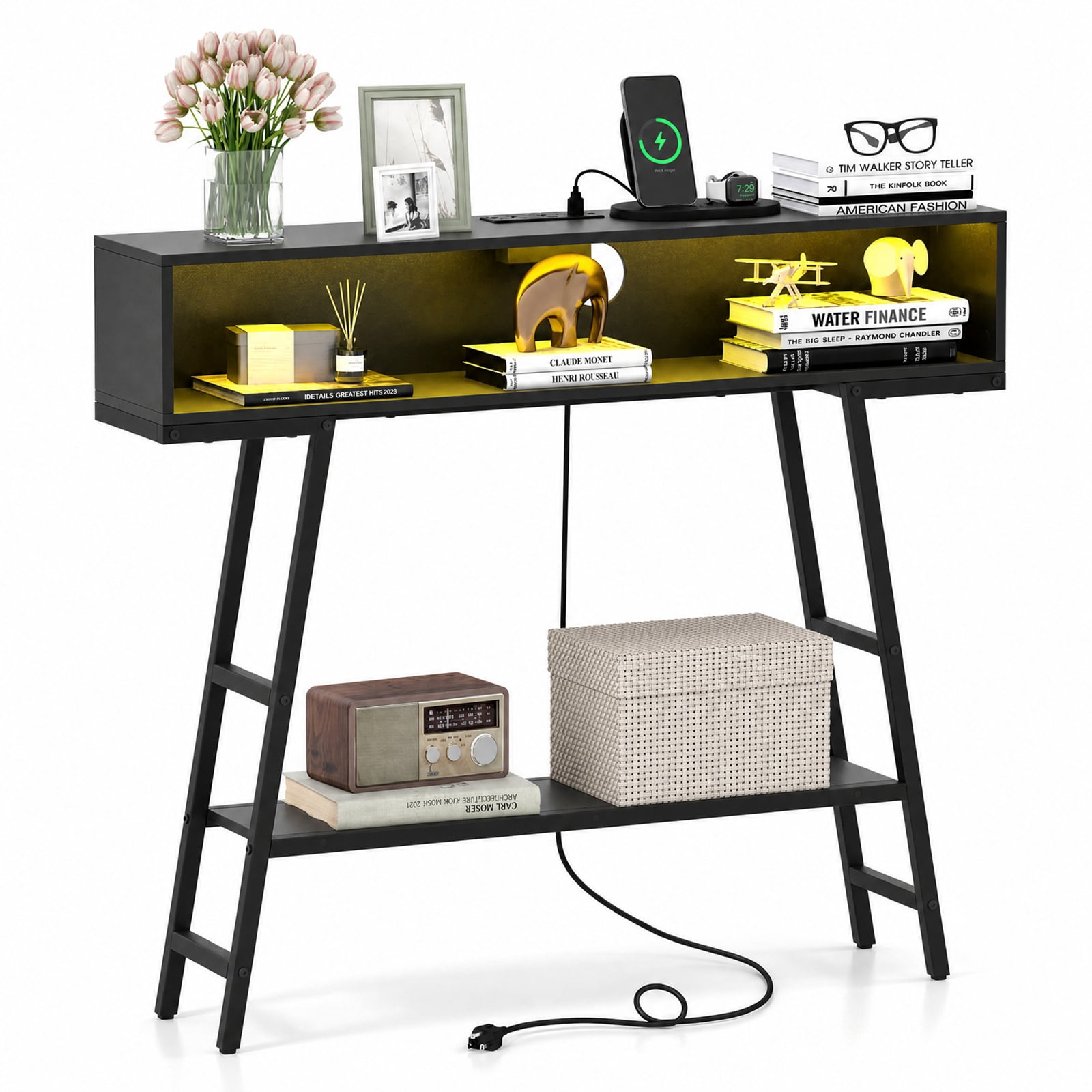 Furnibear 40 Inch Console Table with Charging Station USB Type-C AC Outlets and RGB LED Lights for Entryway Living Room and Behind Sofa, Black