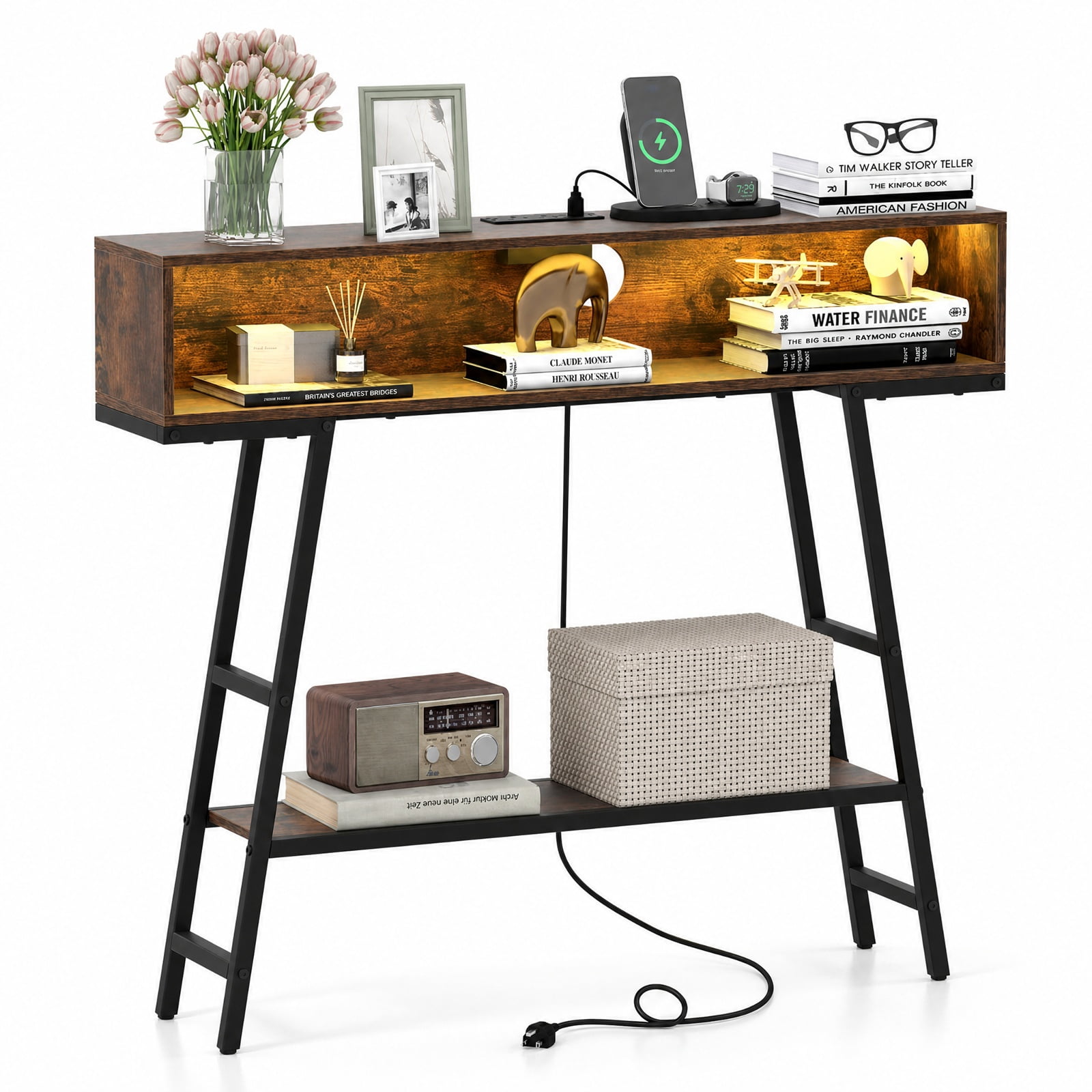 Furnibear 40 Inch Entryway Console Table with USB Type-C AC Charging Station and App Controlled RGB LED Lights for Hallway, Rustic Brown