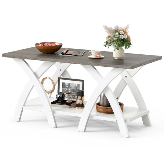 Furnibear 40 Inch Farmhouse Wooden Coffee Table with Storage Shelf with X-shaped Legs - Gray - Living Room Cocktail Center Table