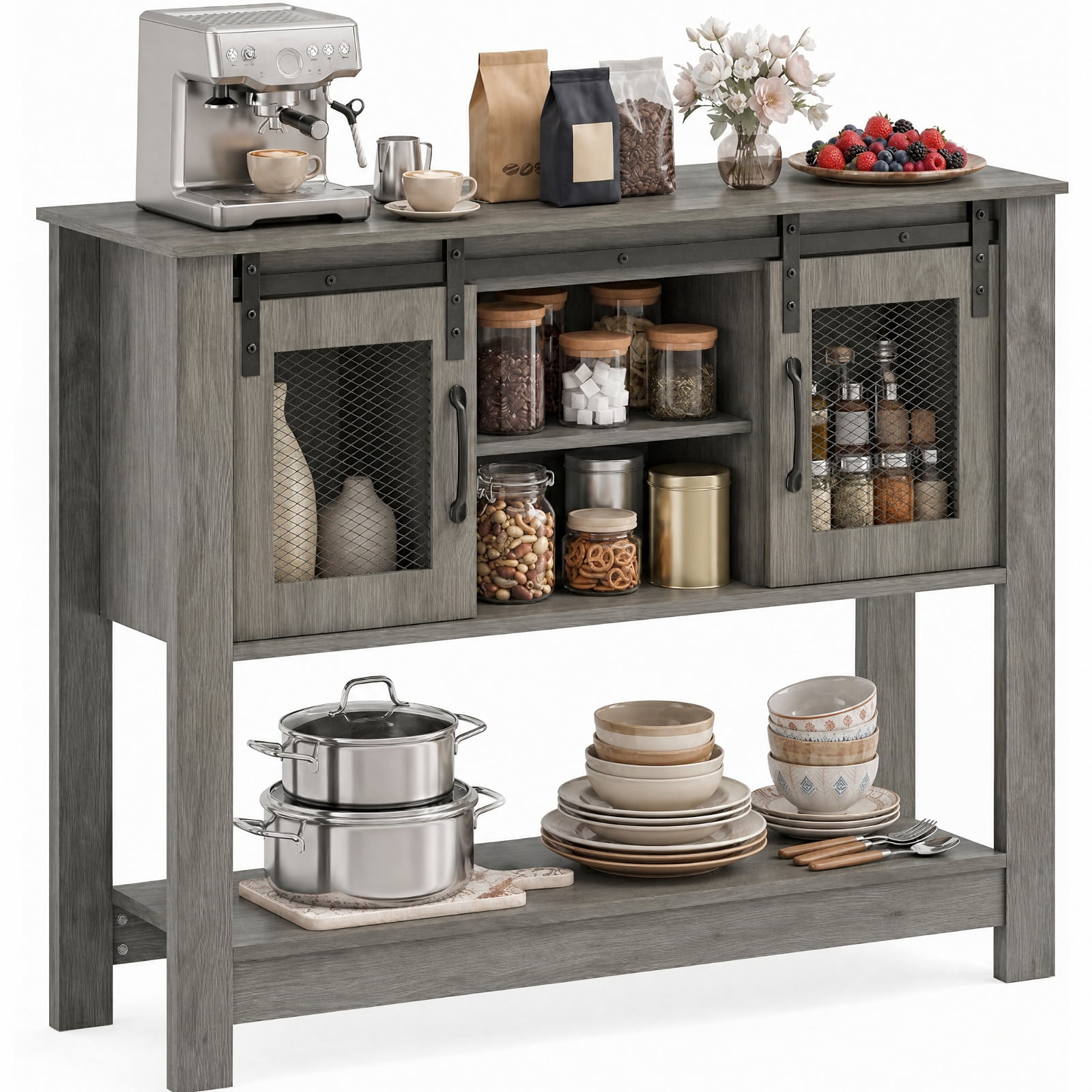 Furnibear 40 Inch Narrow Console Table with Sliding Barn Doors and Storage Cabinets for Entryway Hallway and Behind Couch, Rustic Brown