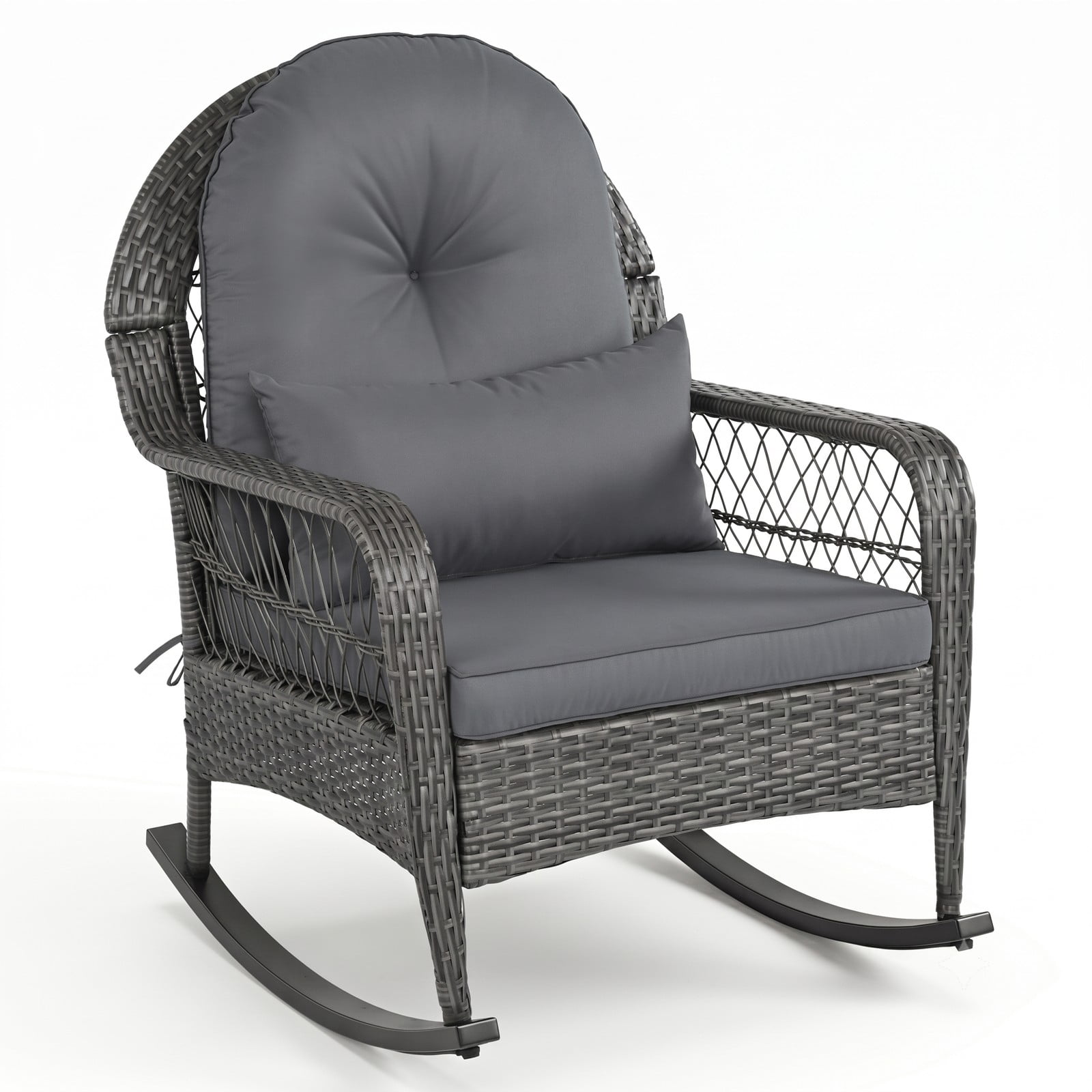 Furnibear 400 LBS Patio Rattan Rocker Chair, Outdoor Glider Rocking Chair with Anti-Tip Stoppers, Thick Seat & Lumbar Cushions, Ergonomic PE Wicker Porch Chair, Gray