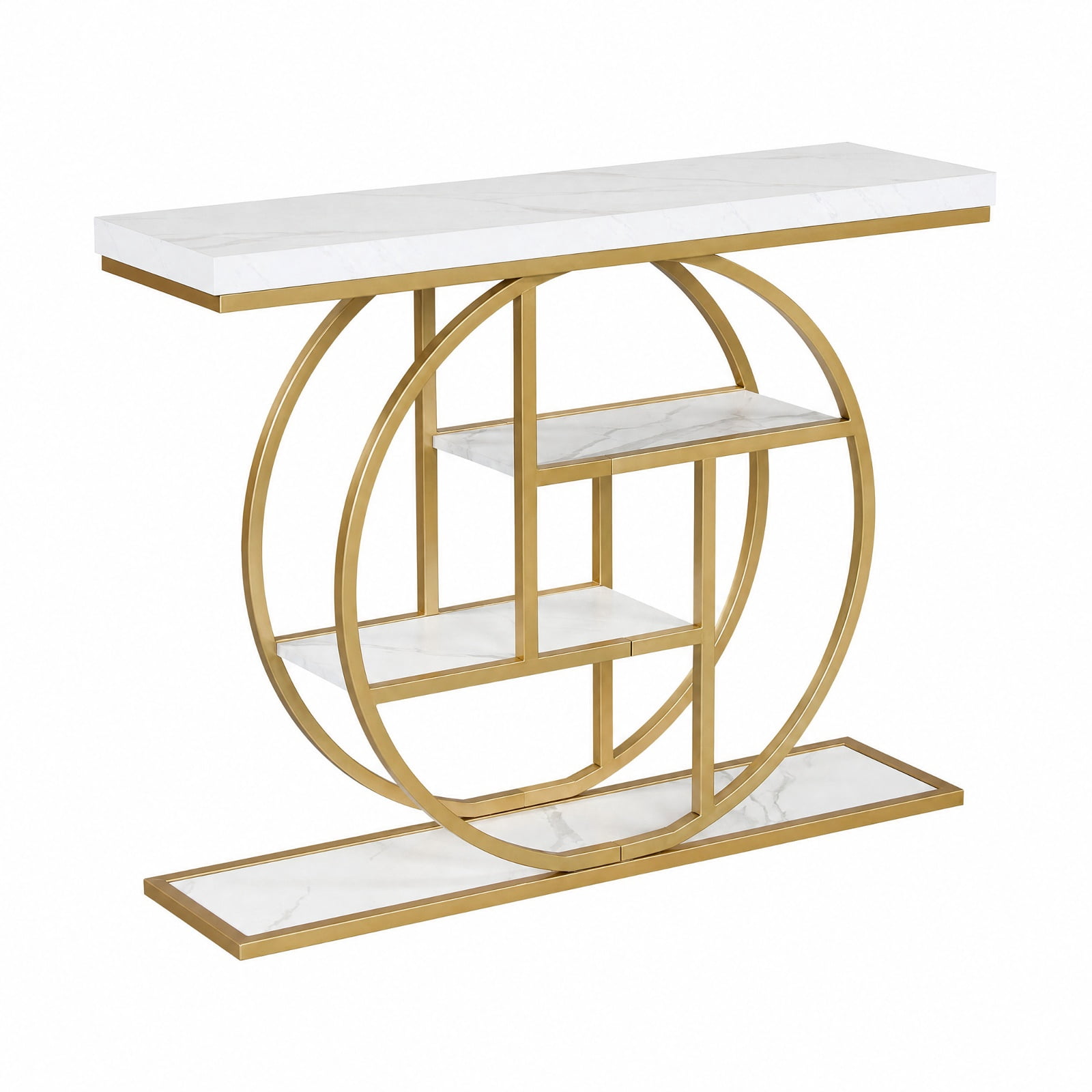 Furnibear 41 Inch 4-Tier Console Table with Storage Shelves and O-Shaped Metal Frame for Entryway Hallway Living Room and Behind Sofa, White