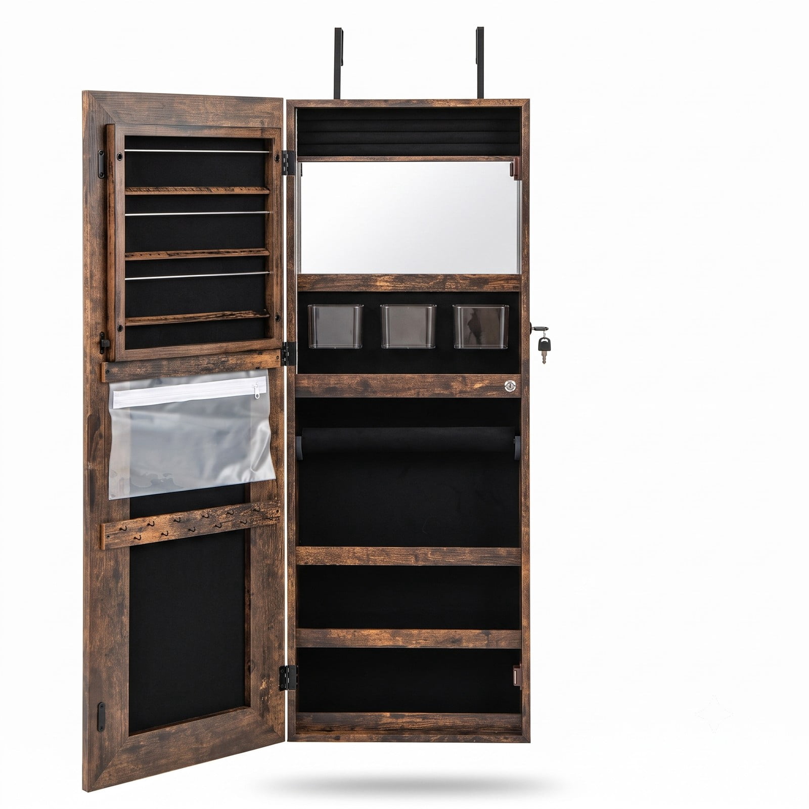 Furnibear 42.5 Inch Lockable Wall and Door Mounted Jewelry Cabinet with Full-Length Mirror and 3-Color LED Lights, Rustic Brown