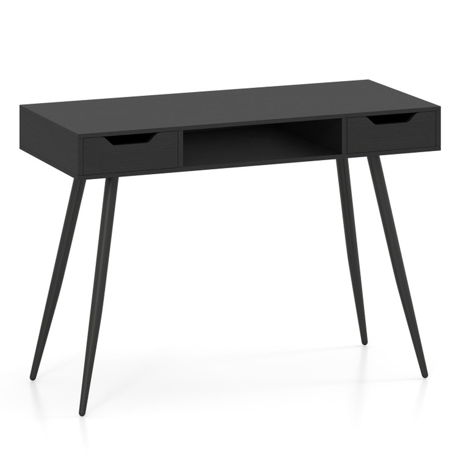 Furnibear 42.5 Inch Mid Century Modern Writing Desk with 2 Drawers Storage and Tapered Metal Legs for Home Office Study, Black