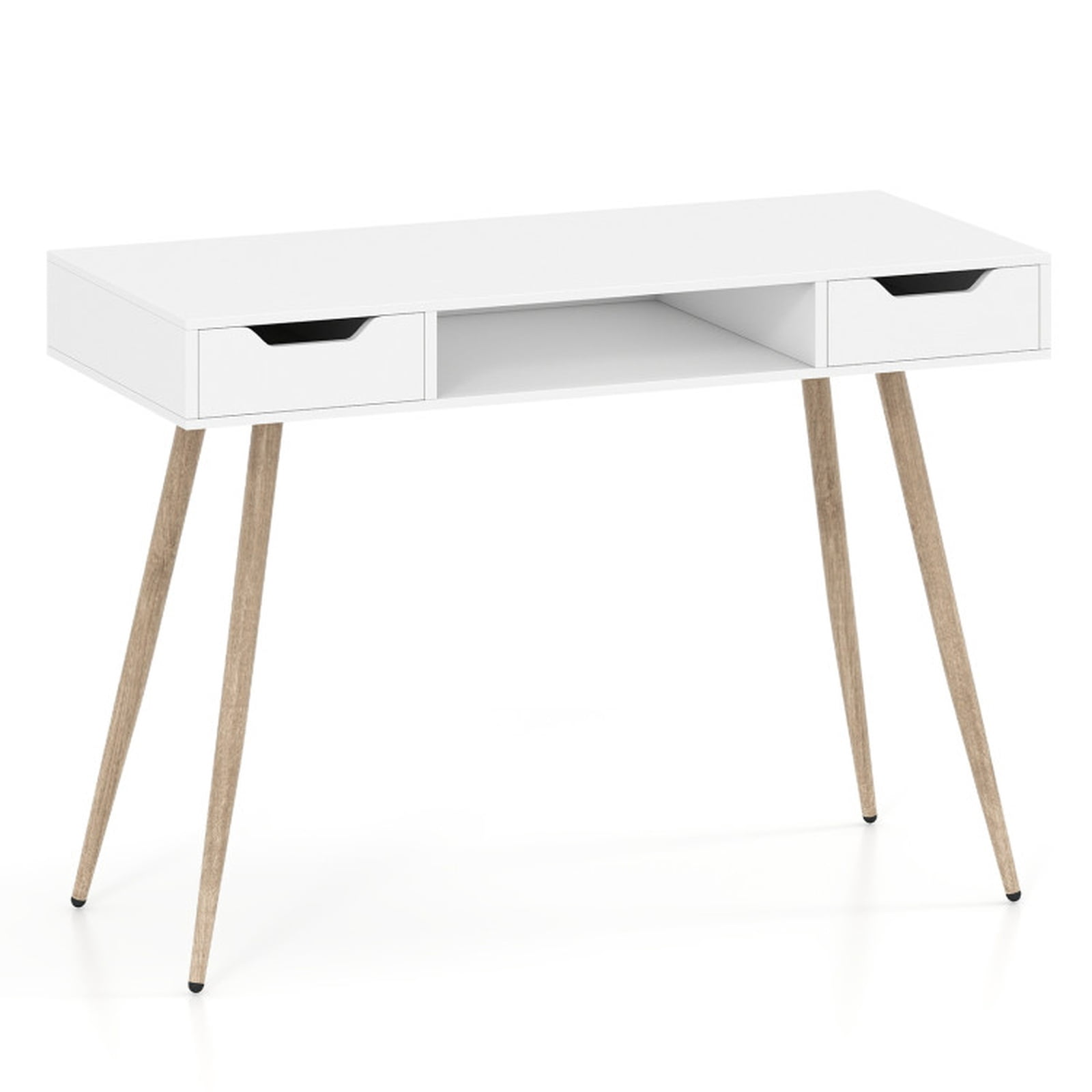 Furnibear 42.5 Inch Mid Century Modern Writing Desk With Metal Legs and 2 Drawers, White Desk With Open Compartment for Bedroom, White