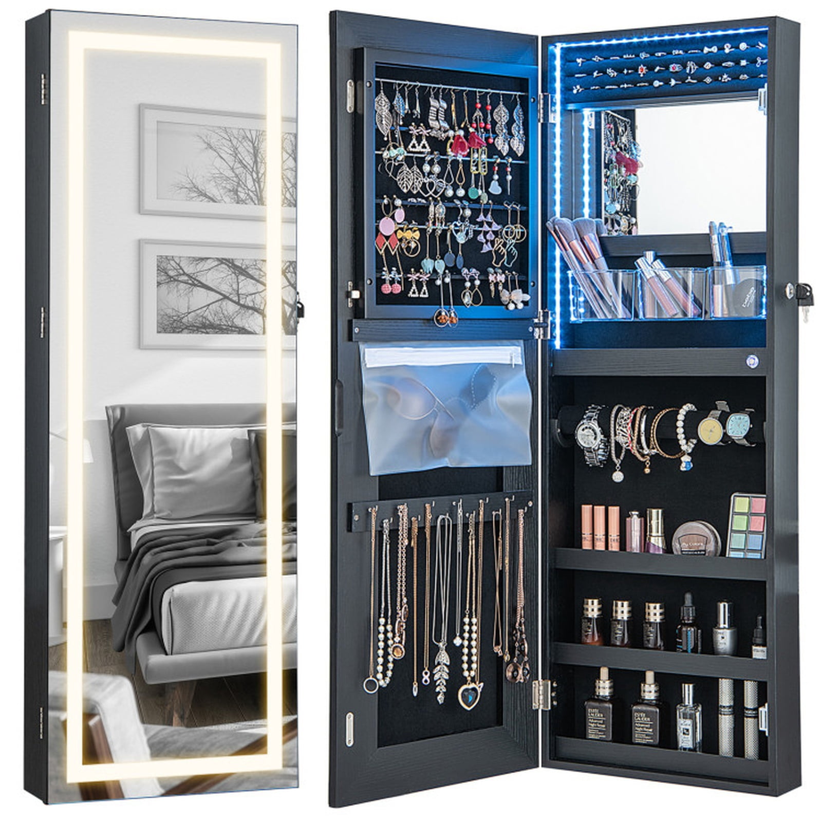 Furnibear 42.5 Inches Lockable Jewelry Mirror Wall Cabinet with 3-Color LED Lights for Bedroom Dressing Room Jewelry Necklace Rings Storage, Black