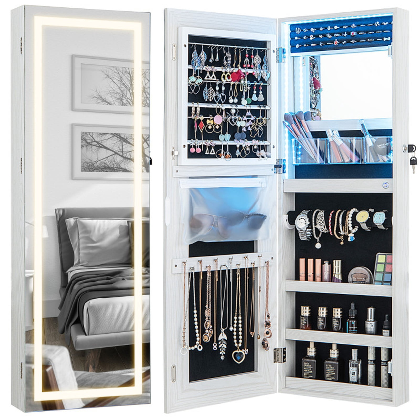 Furnibear 42.5 Inches Lockable Jewelry Mirror Wall Cabinet with 3-Color LED Lights for Bedroom Dressing Room Jewelry Necklace Rings Storage, White