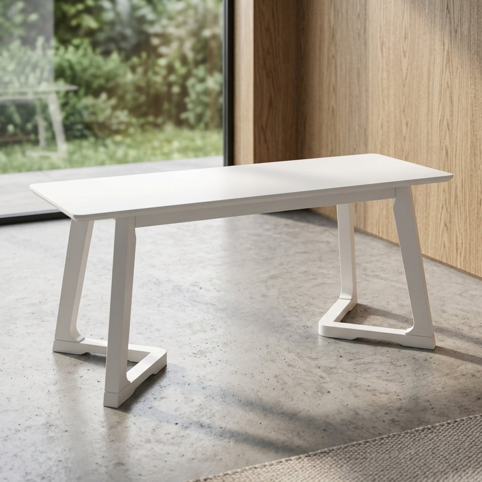Furnibear 42 Inch Modern Entryway Bench with Solid Rubber Wood Legs and Open Bottom Shelf for Hallway Bedroom Dining Room Shoe Storage, White