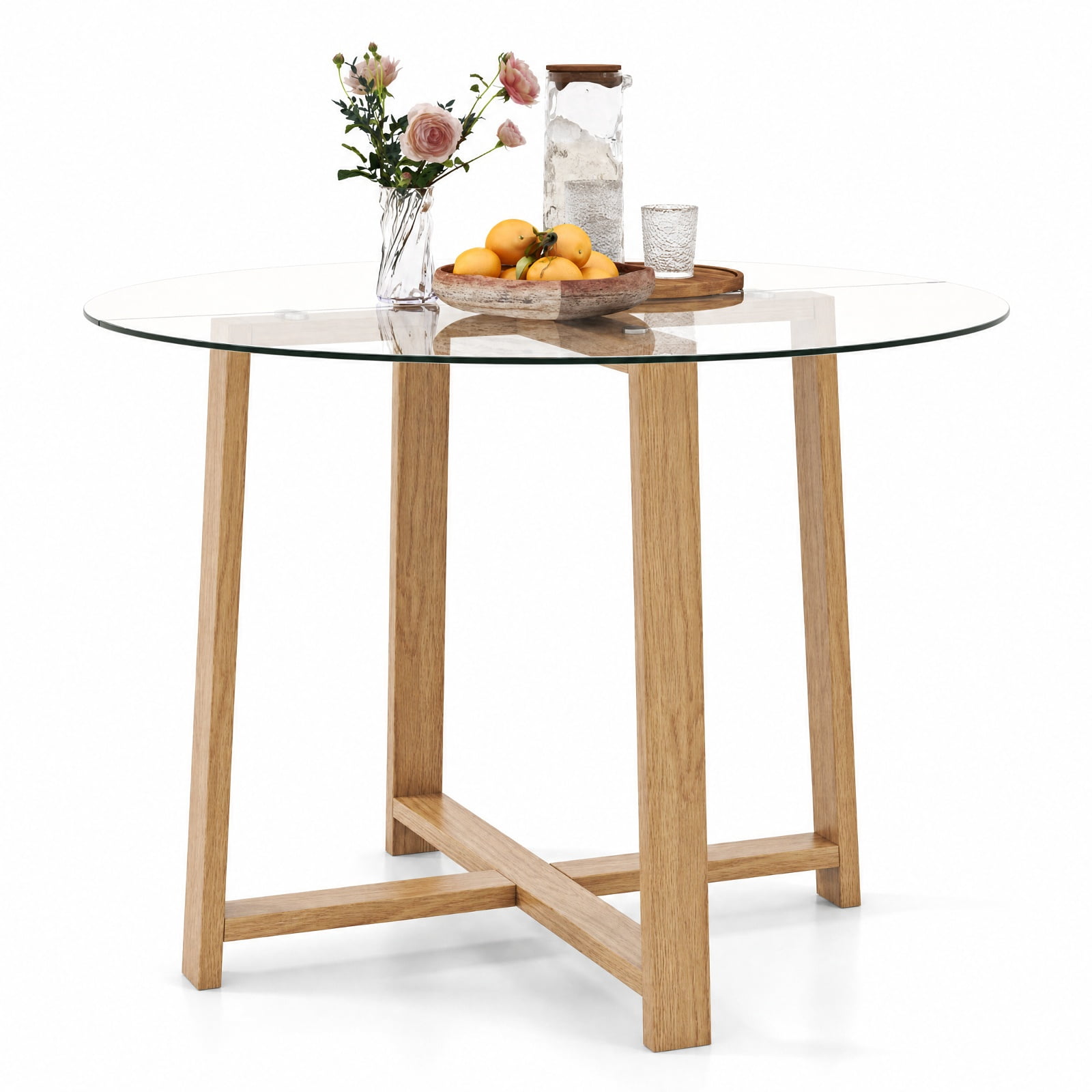 Furnibear 42 Inch Round Glass Dining Table for 4 to 6 with Tempered Glass Top and Rubber Wood Legs for Kitchen and Dining Room, Natural