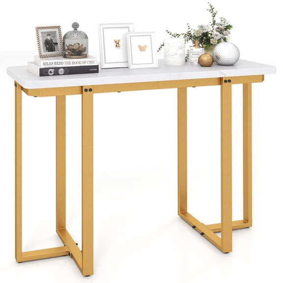 Furnibear 42 Inches Modern Faux Marble Entryway Table with Geometric Metal Frame for Living Room Entryway Hallway, White