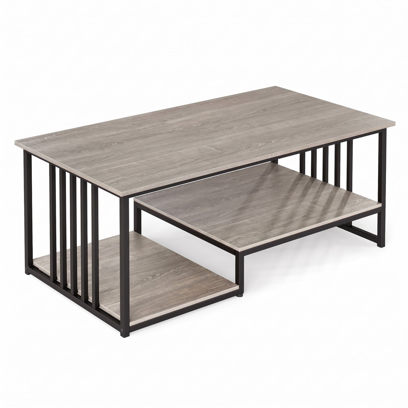 Furnibear 43.5" 2-Tier Coffee Table with Open Storage Shelf, Modern Rustic Wood and Metal Frame Center Table for Living Room, Rectangular Farmhouse, Oak and Black