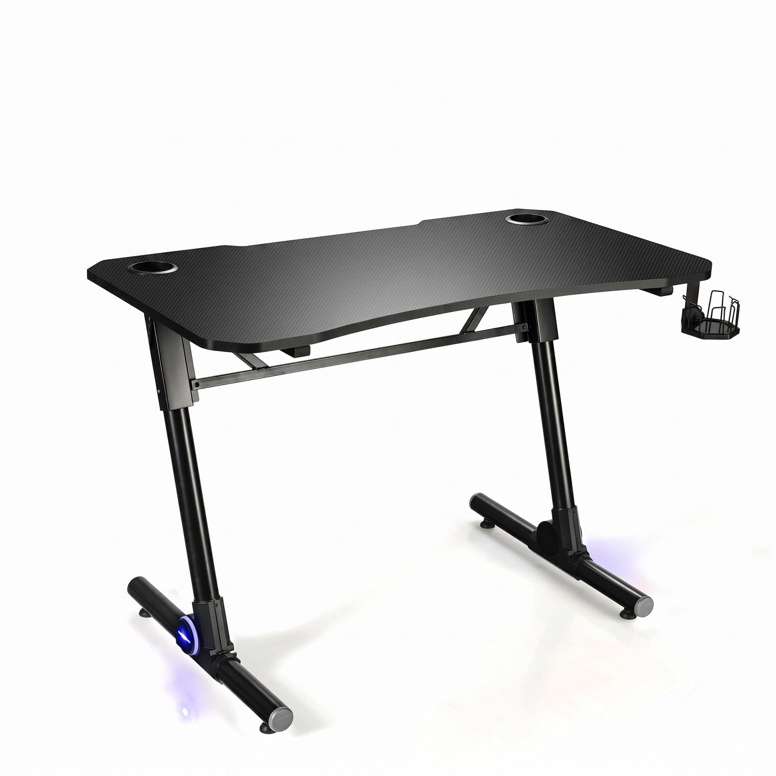 Furnibear 43.5 Inch Gaming Desk with Blue LED Lights, Height Adjustable Ergonomic Computer Desk with Cup Holder and Headphone Hook, Carbon Fiber Textured PC, Black