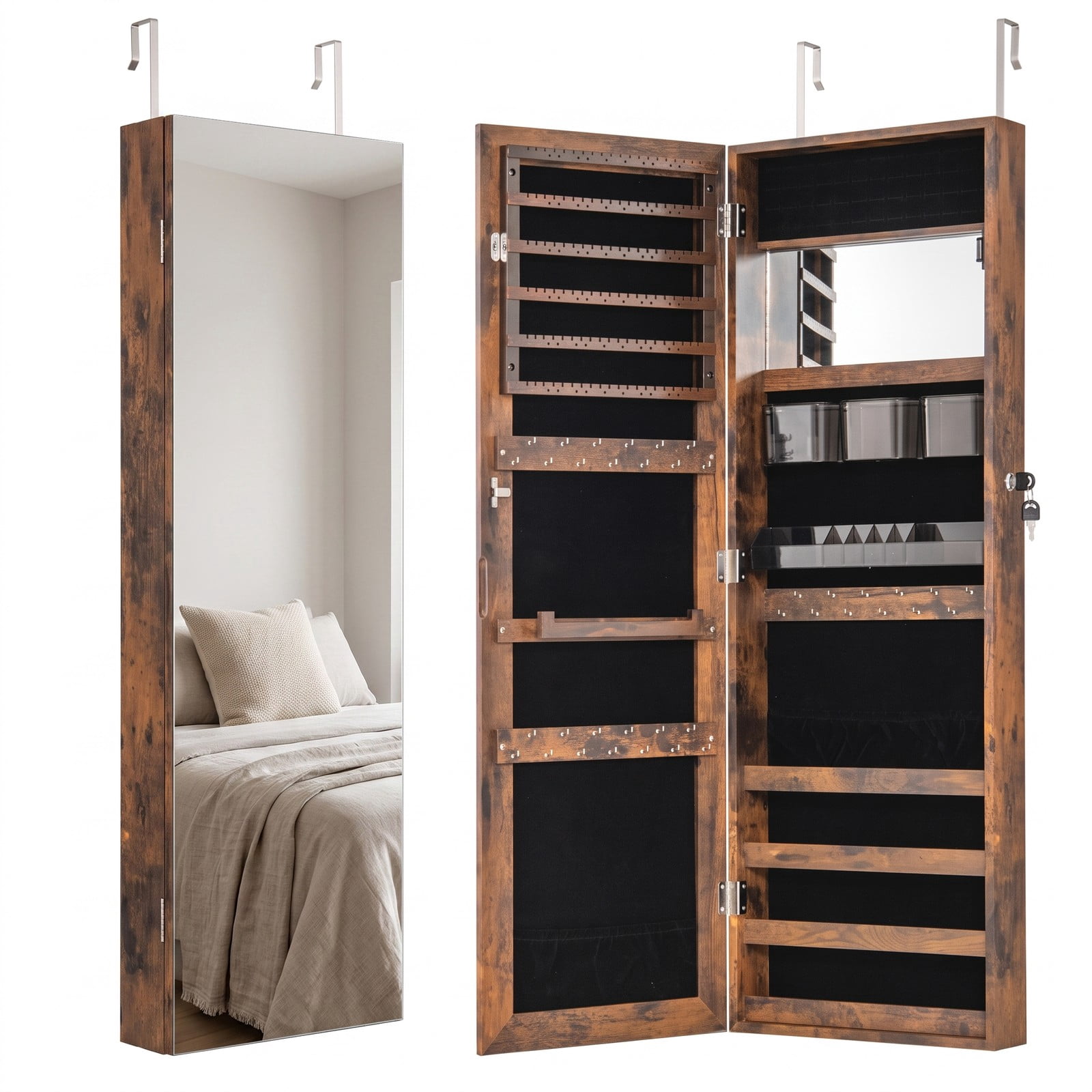 Furnibear 43.5 Inch Jewelry Armoire Cabinet with Full Length Mirror and Adjustable Hangers for Bedroom and Entryway, Rustic Brown