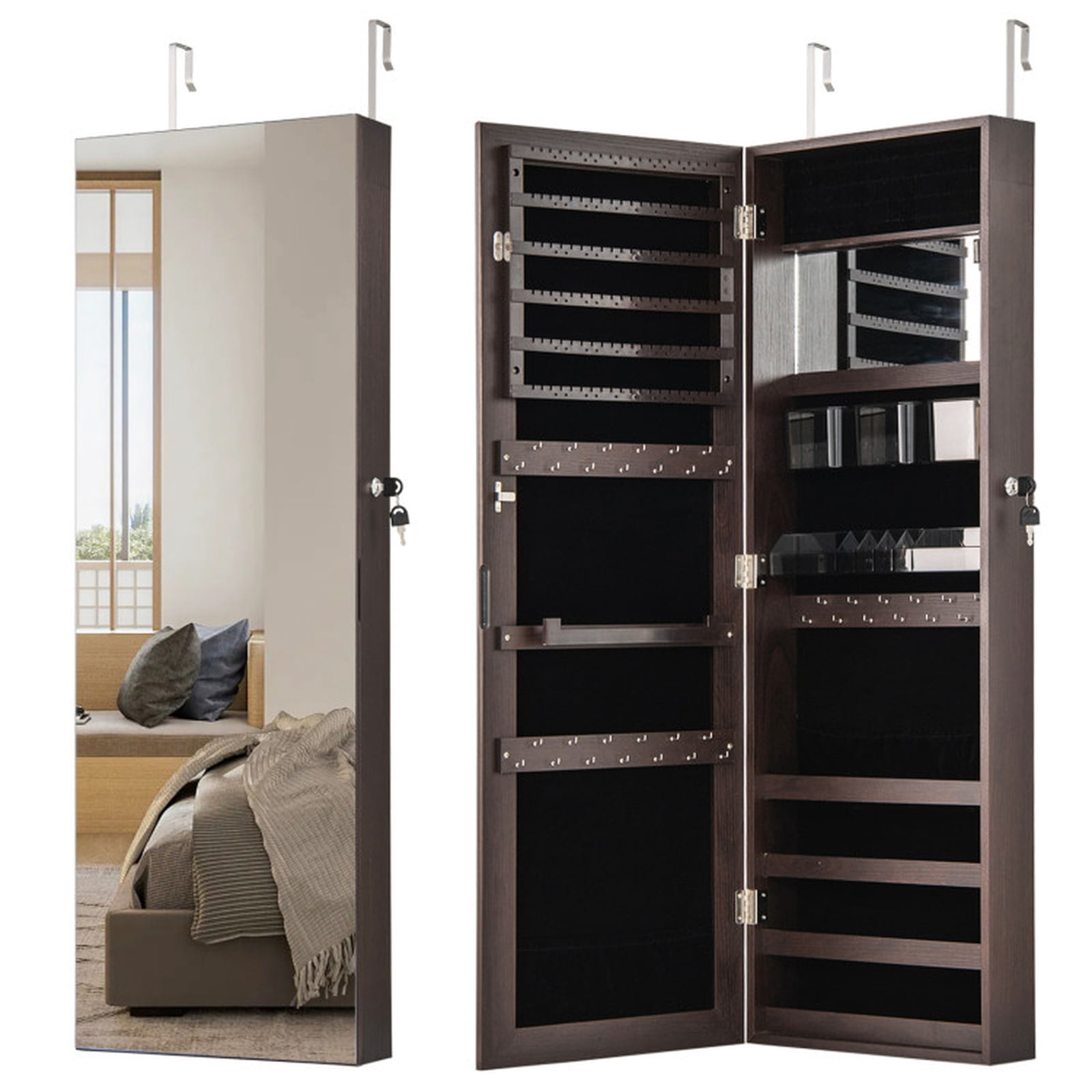 Furnibear 43.5 Inch Jewelry Mirror Cabinet with Full-length Mirror and Adjustable Hangers for Bedroom Dressing Room Jewelry Necklace, Dark Brown