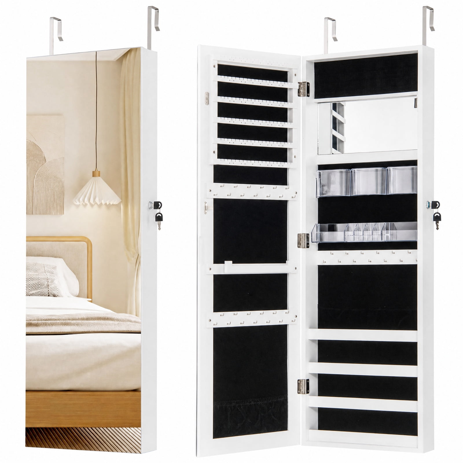 Furnibear 43.5 Inch Jewelry Mirror Cabinet with Full-length Mirror and Adjustable Hangers for Bedroom Dressing Room Jewelry Necklace Rings, White